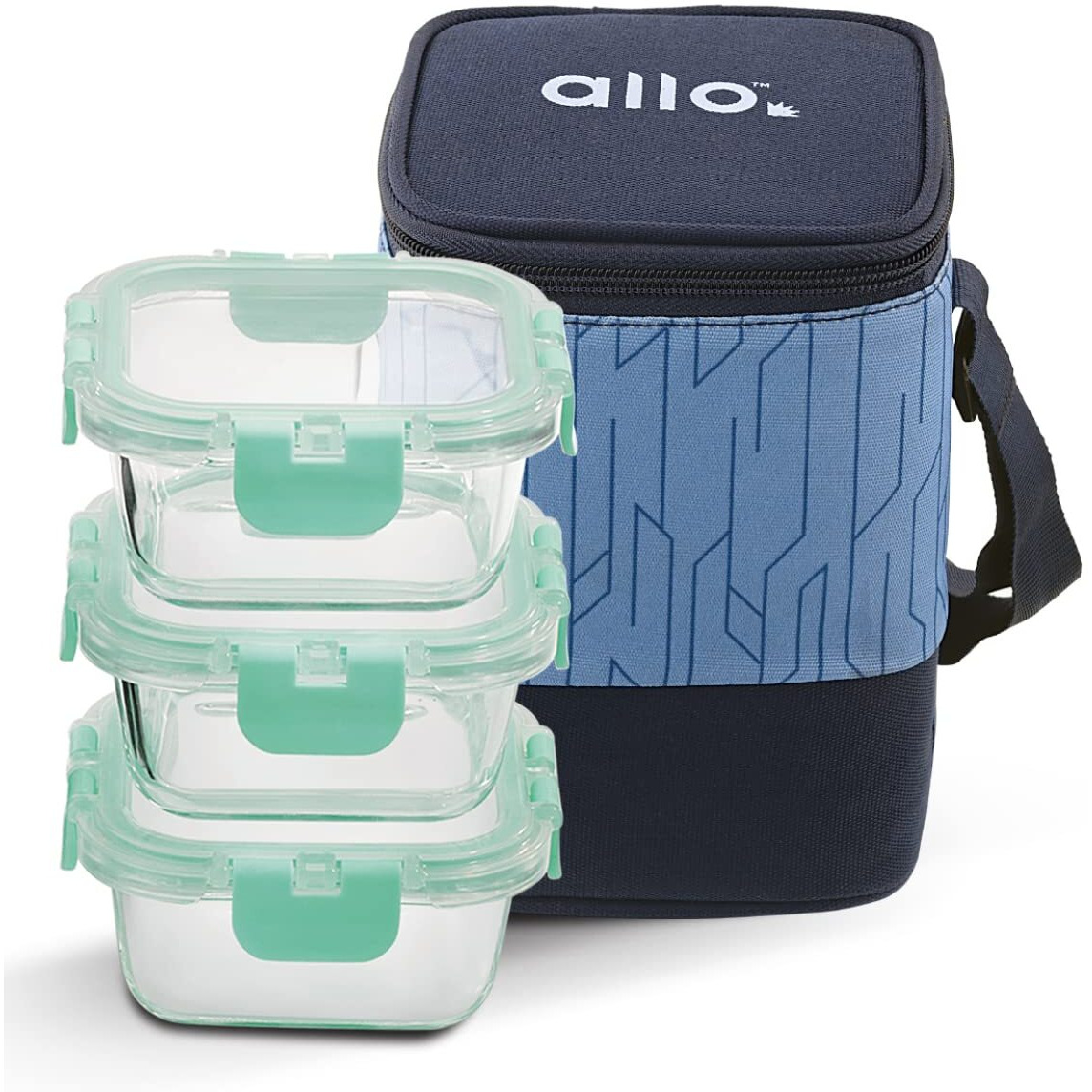 Allo FoodSafe Glass Lunch Box with Break Free Detachable Lock, Oven & Microwave Safe, Borosilicate Glass Container, Office Tiffin with Space Blue Bag, Set of 3, 310ml, Square
