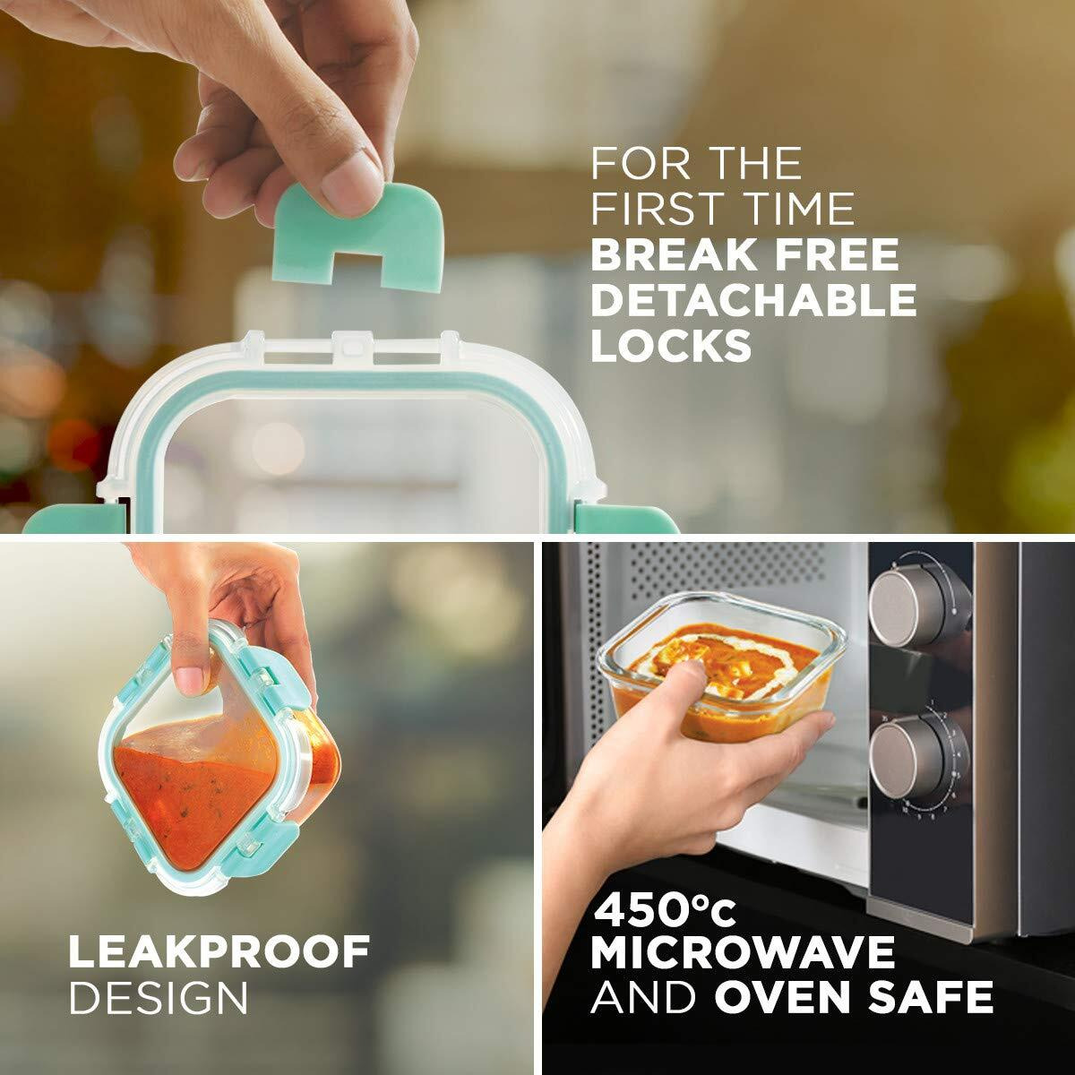 Allo FoodSafe Glass Lunch Box with Break Free Detachable Lock, Oven & Microwave Safe, Borosilicate Glass Container, Office Tiffin with Space Blue Bag, Set of 3, 310ml, Square