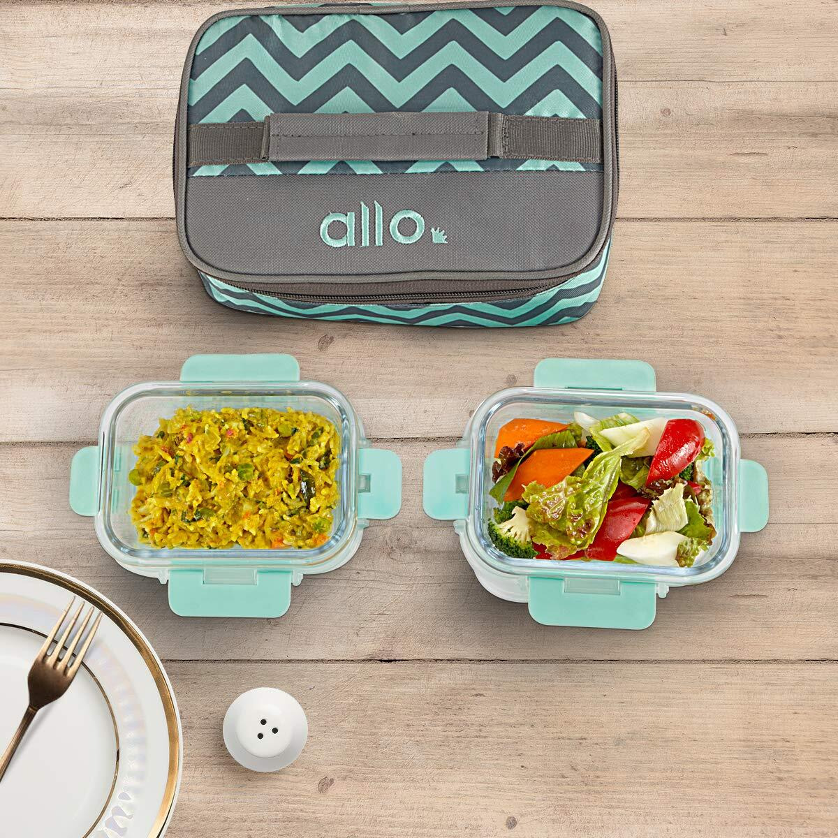 Allo FoodSafe Glass Lunch Box with Break Free Detachable Lock, Oven & Microwave Safe, Borosilicate Glass Container, Office Tiffin with Chevron Mint Flat Bag, Set of 2, 370ml, Rectangle