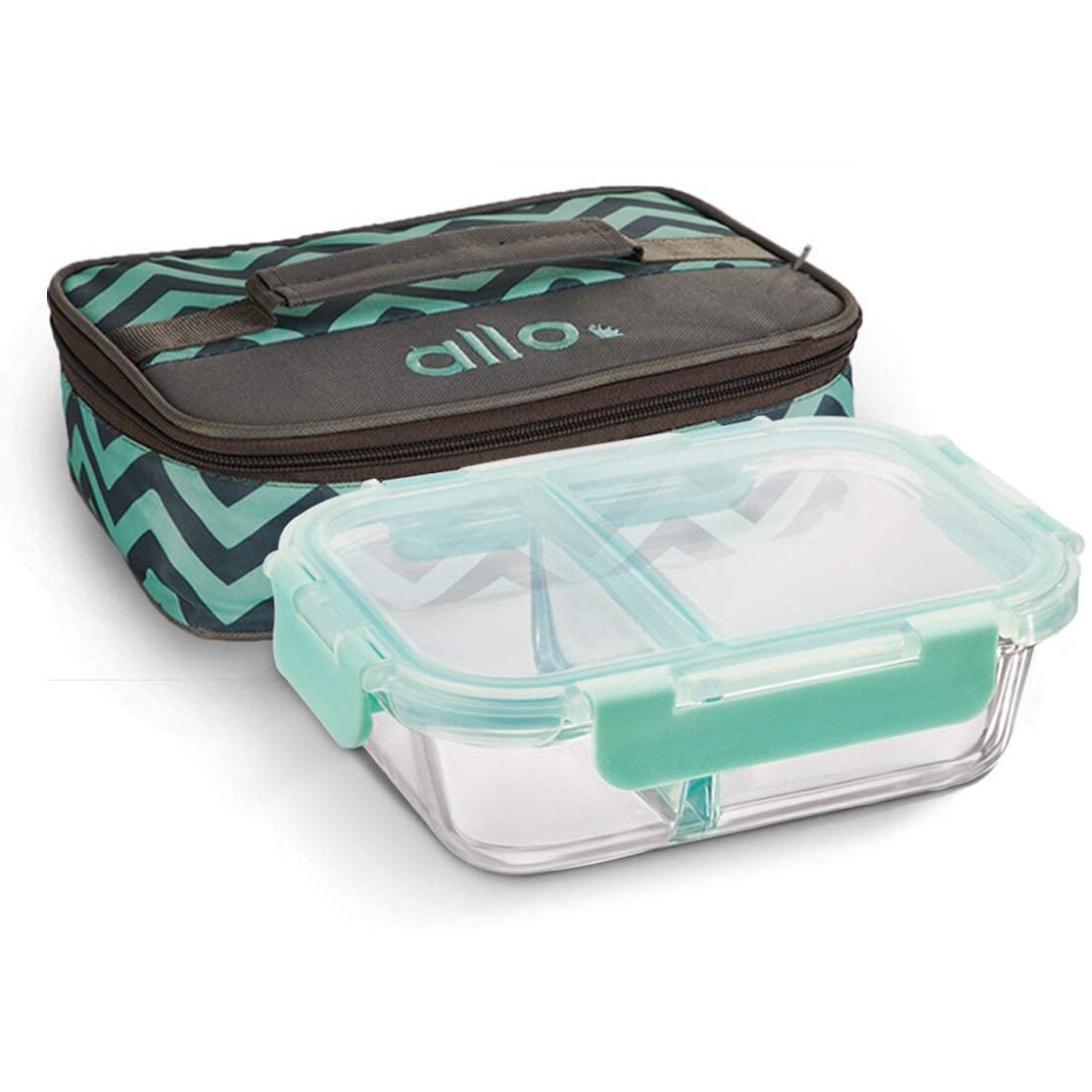 Allo FoodSafe 580ml x 1 Glass Microwave 450C Oven Safe Lunch Box with Break Free Detachable Lock | High Borosilicate | Office Tiffin with Chevron Mint Flat Bag | Rectangle Divider