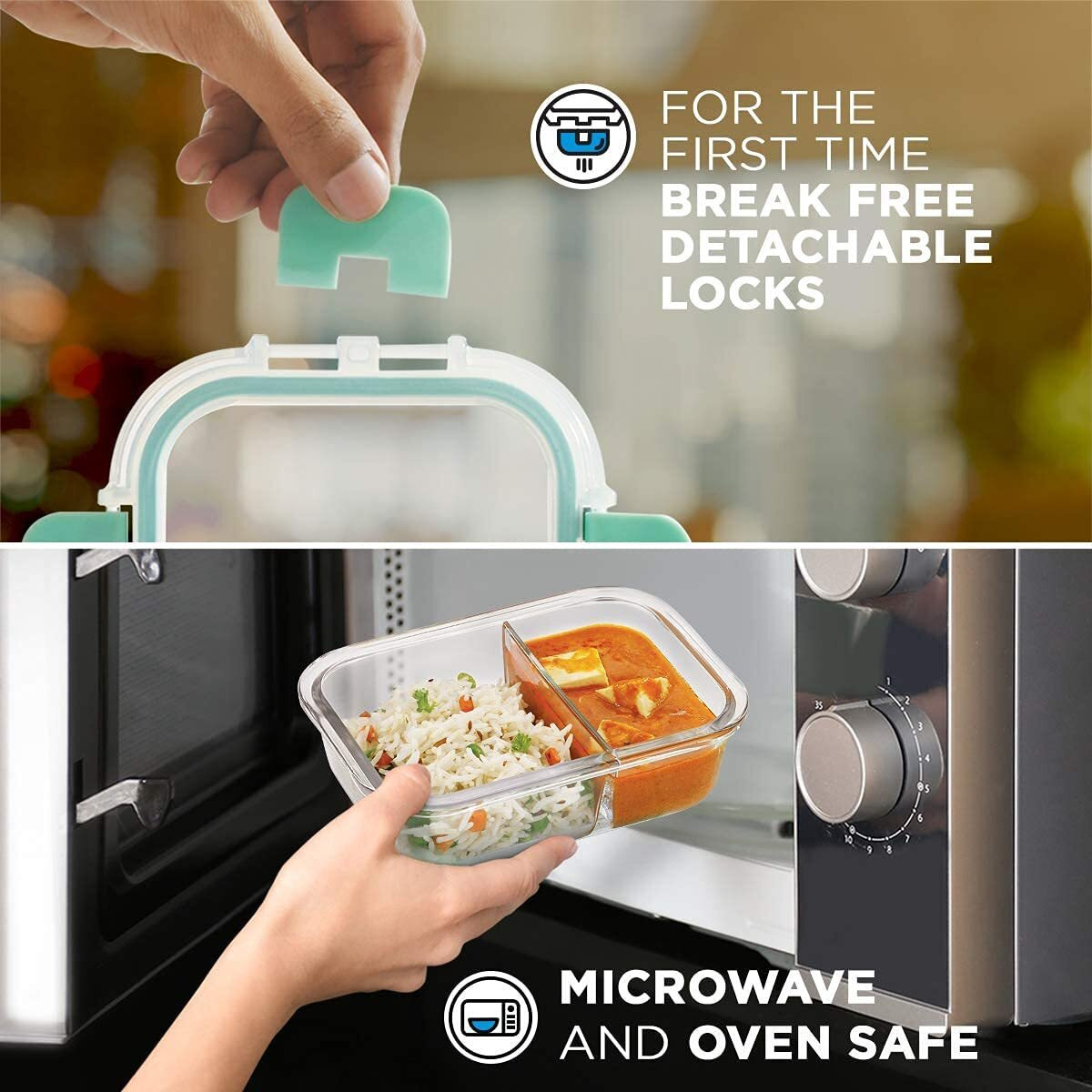 Allo FoodSafe 580ml x 1 Glass Microwave 450C Oven Safe Lunch Box with Break Free Detachable Lock | High Borosilicate | Office Tiffin with Chevron Mint Flat Bag | Rectangle Divider