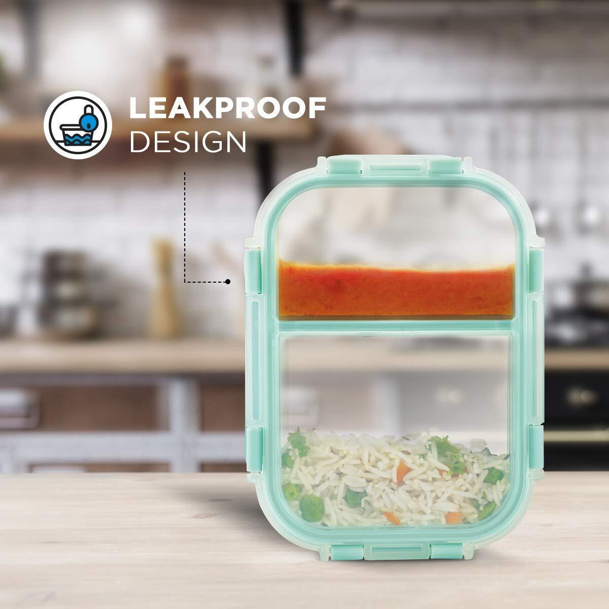 Allo FoodSafe 580ml x 1 Glass Microwave 450C Oven Safe Lunch Box with Break Free Detachable Lock | High Borosilicate | Office Tiffin with Chevron Mint Flat Bag | Rectangle Divider