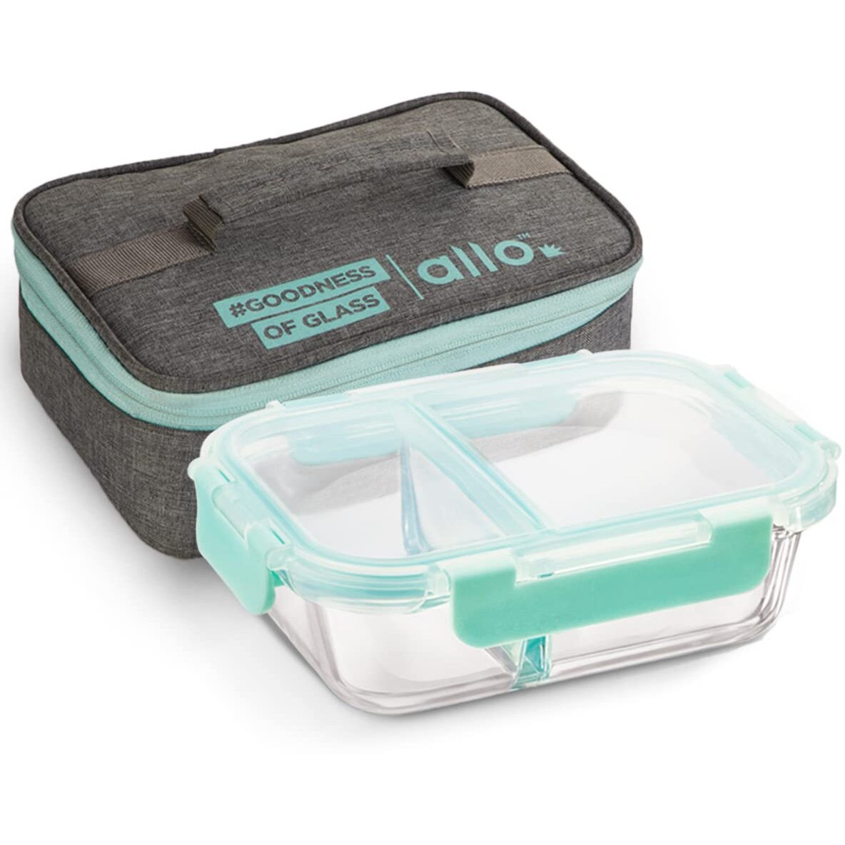 Allo FoodSafe 580ml x 1 Glass Microwave Oven Safe Lunch Box with Break Free Detachable Lock | High Borosilicate | Office Tiffin with Canvas Grey Flat Bag | Rectangle Divider