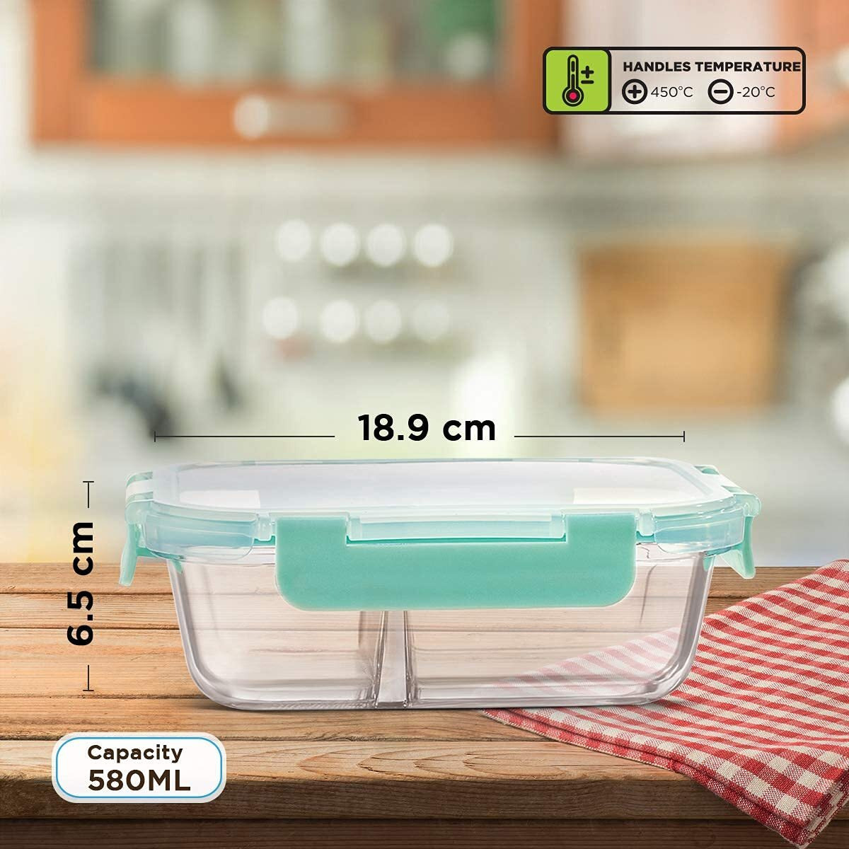 Allo FoodSafe 580ml x 1 Glass Microwave Oven Safe Lunch Box with Break Free Detachable Lock | High Borosilicate | Office Tiffin with Canvas Grey Flat Bag | Rectangle Divider