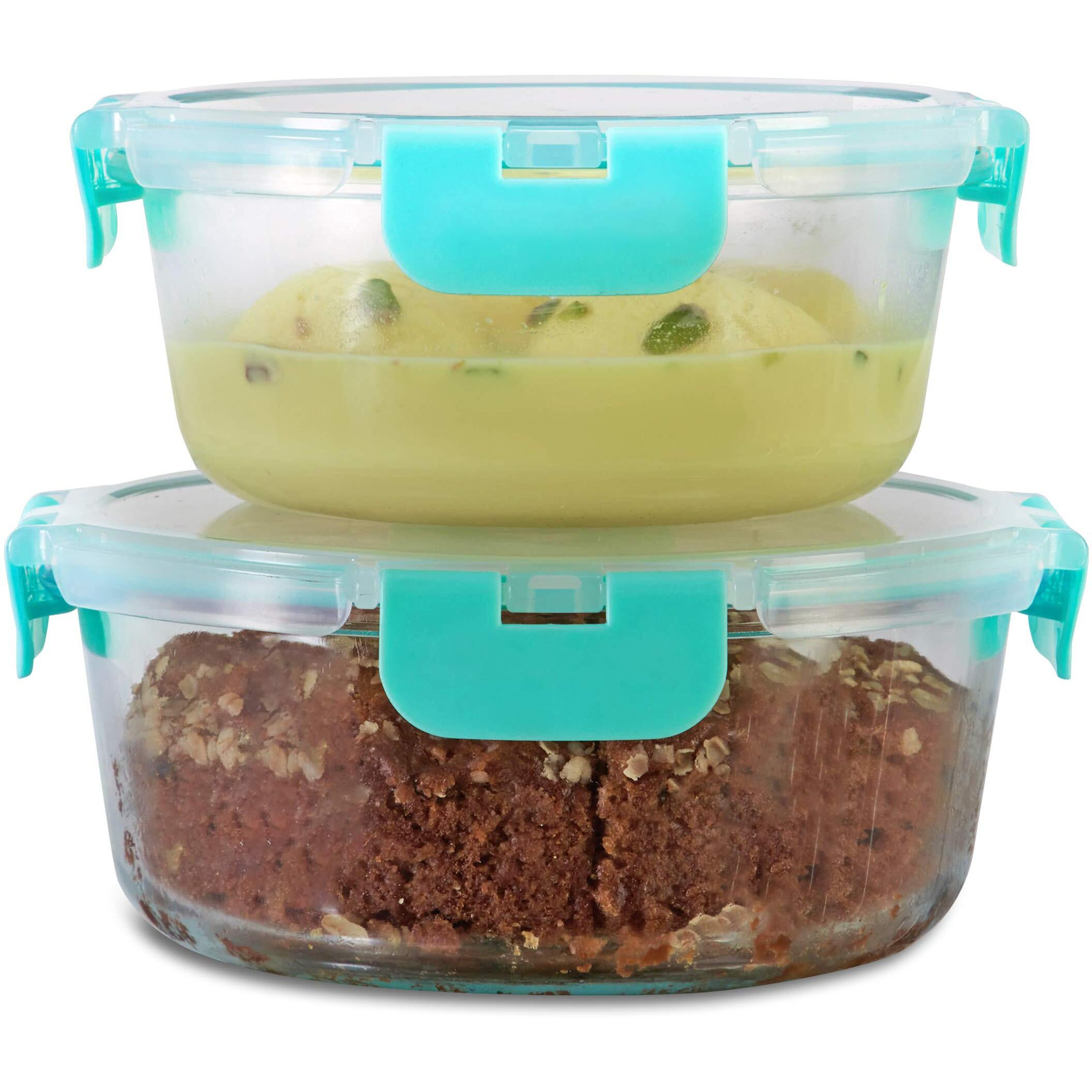 Allo FoodSafe Glass Containers with Lids with Break Free Lock, Microwave Safe Containers,Borosilicate Meal Prep Glass Food Storage Containers for Kitchen, Set of 2, 635ml & 930ml, Round