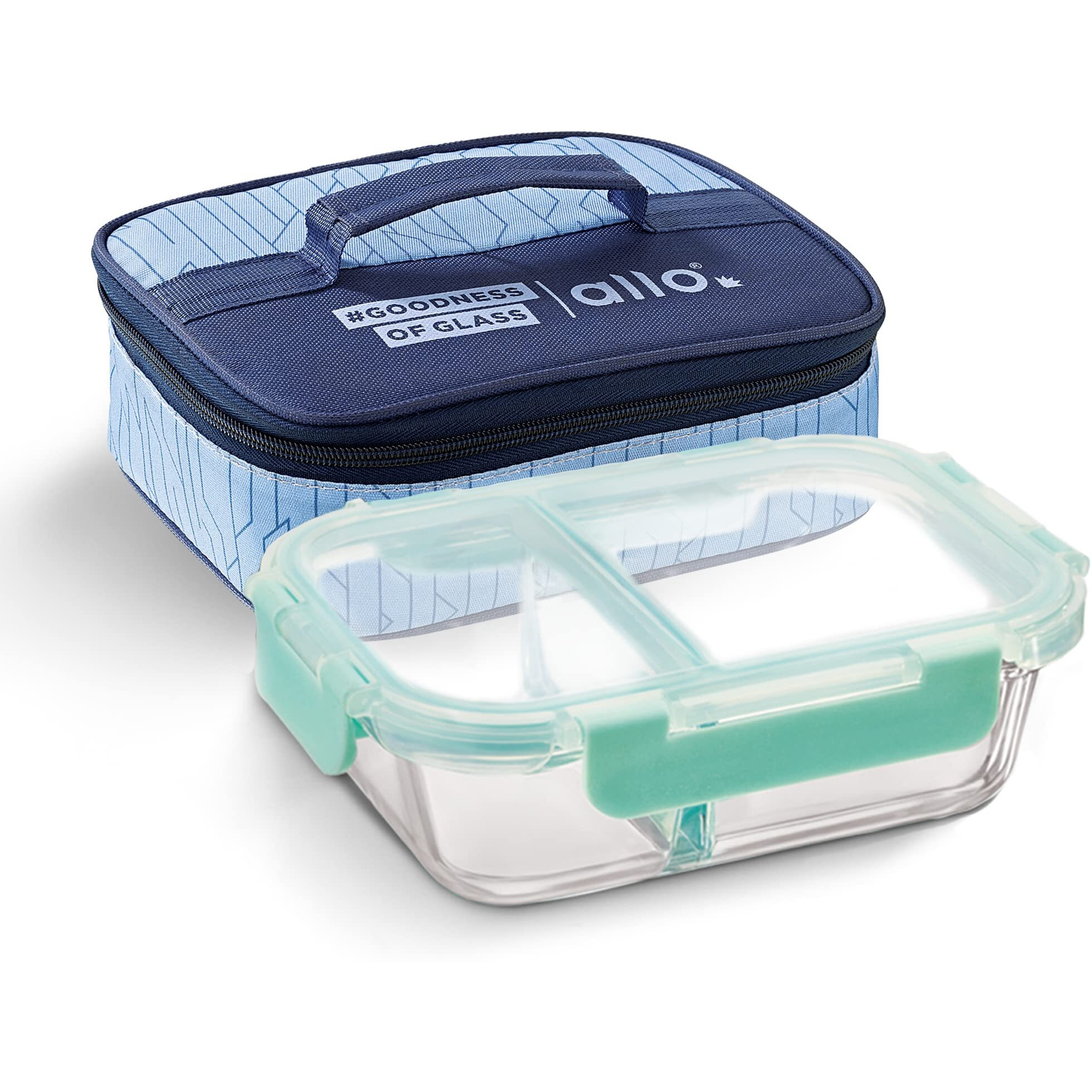 Allo FoodSafe Compartment Glass Lunch Box with Break Free Lock, Oven & Microwave Safe, Borosilicate Glass Container with Partition Divider, Office Tiffin with Space Blue Bag, 580ml, Rectangle
