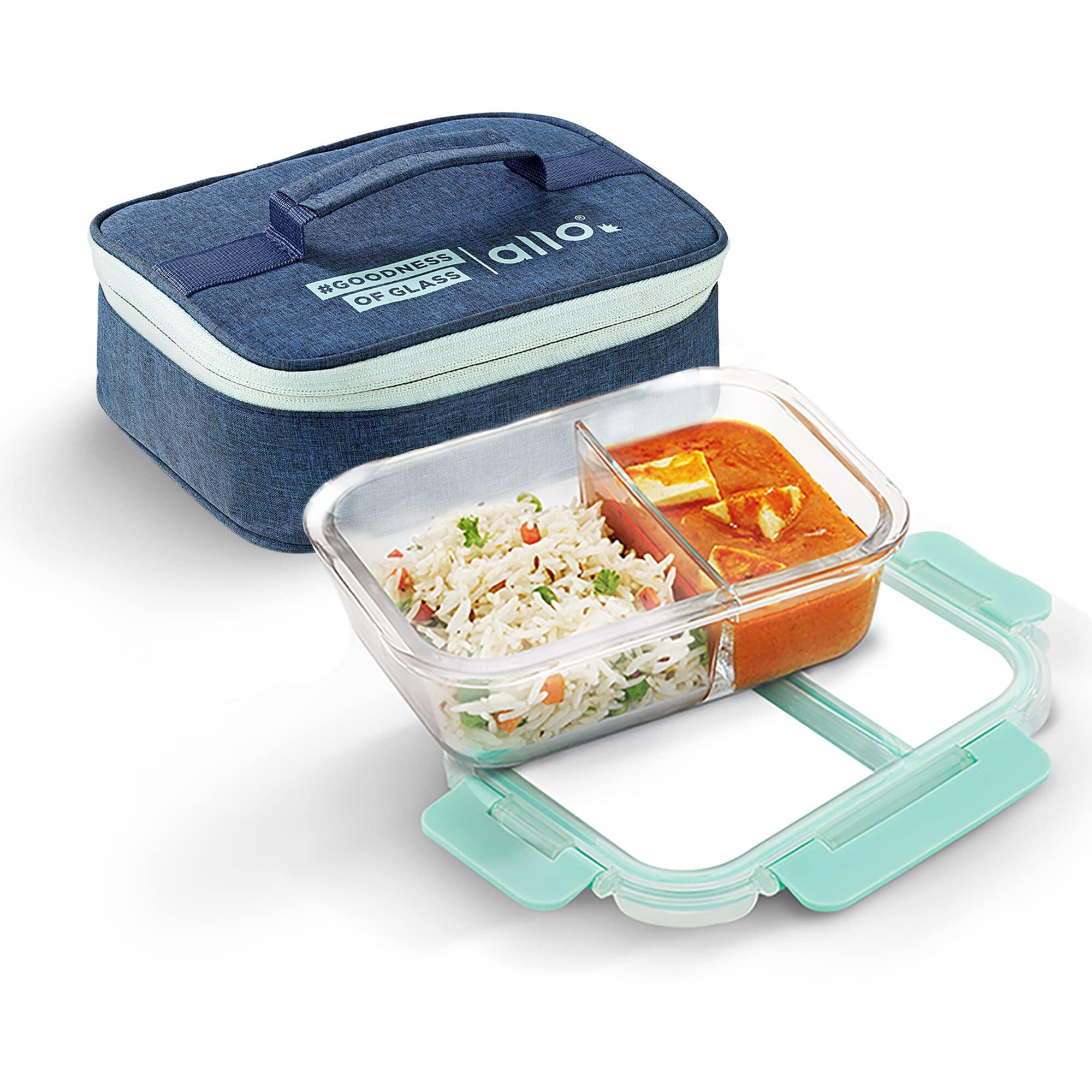 Allo FoodSafe Compartment Glass Lunch Box with Break Free Lock, Oven & Microwave Safe, Borosilicate Glass Container with Partition Divider, Office Tiffin with Denim Blue Bag, 580ml, Rectangle