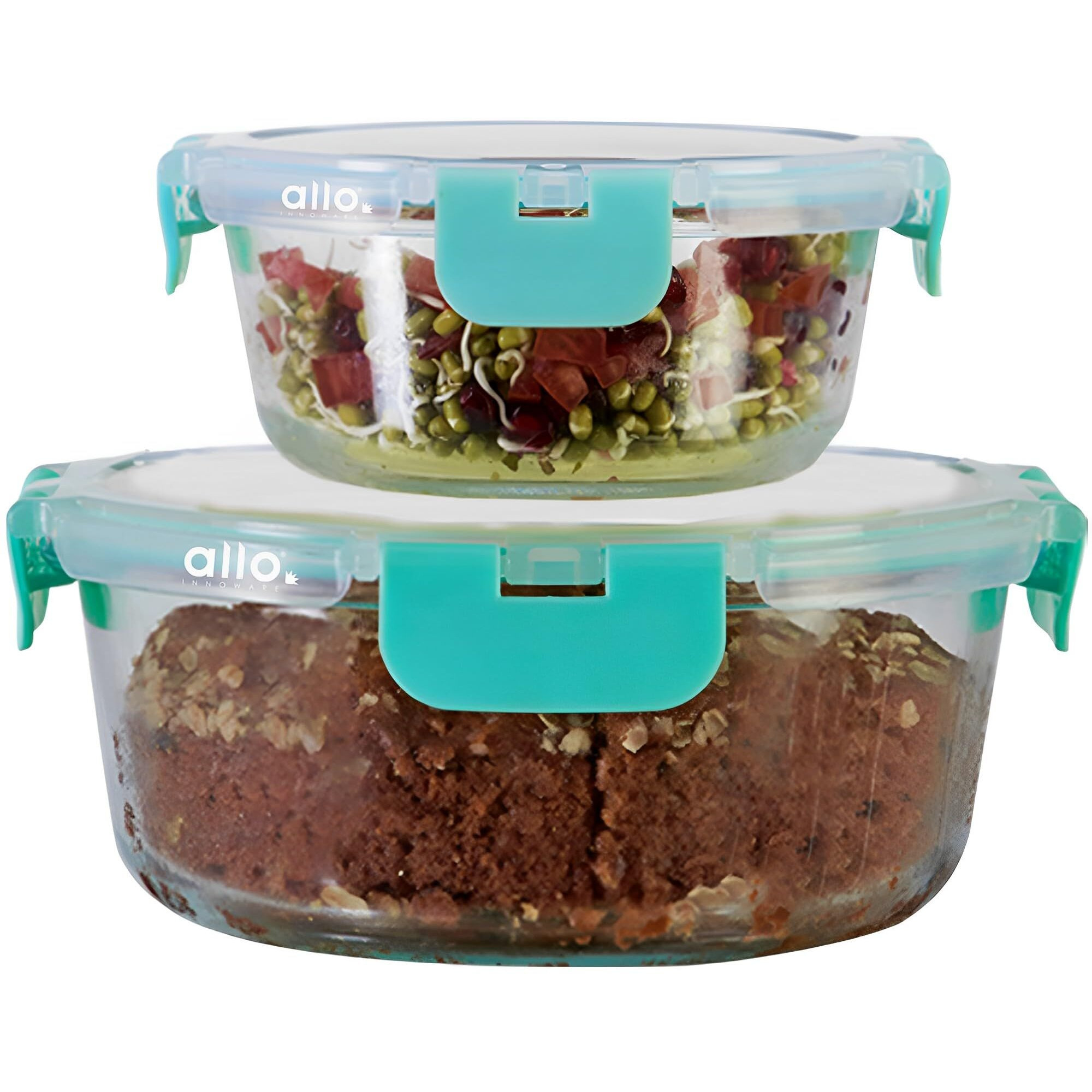 Allo Food Safe Glass Containers with Lids with Break Free Lock, Microwave Safe Containers, Borosilicate Meal Prep Glass Food Storage Containers for Kitchen, Set of 2, 390ml, 930ml, Round