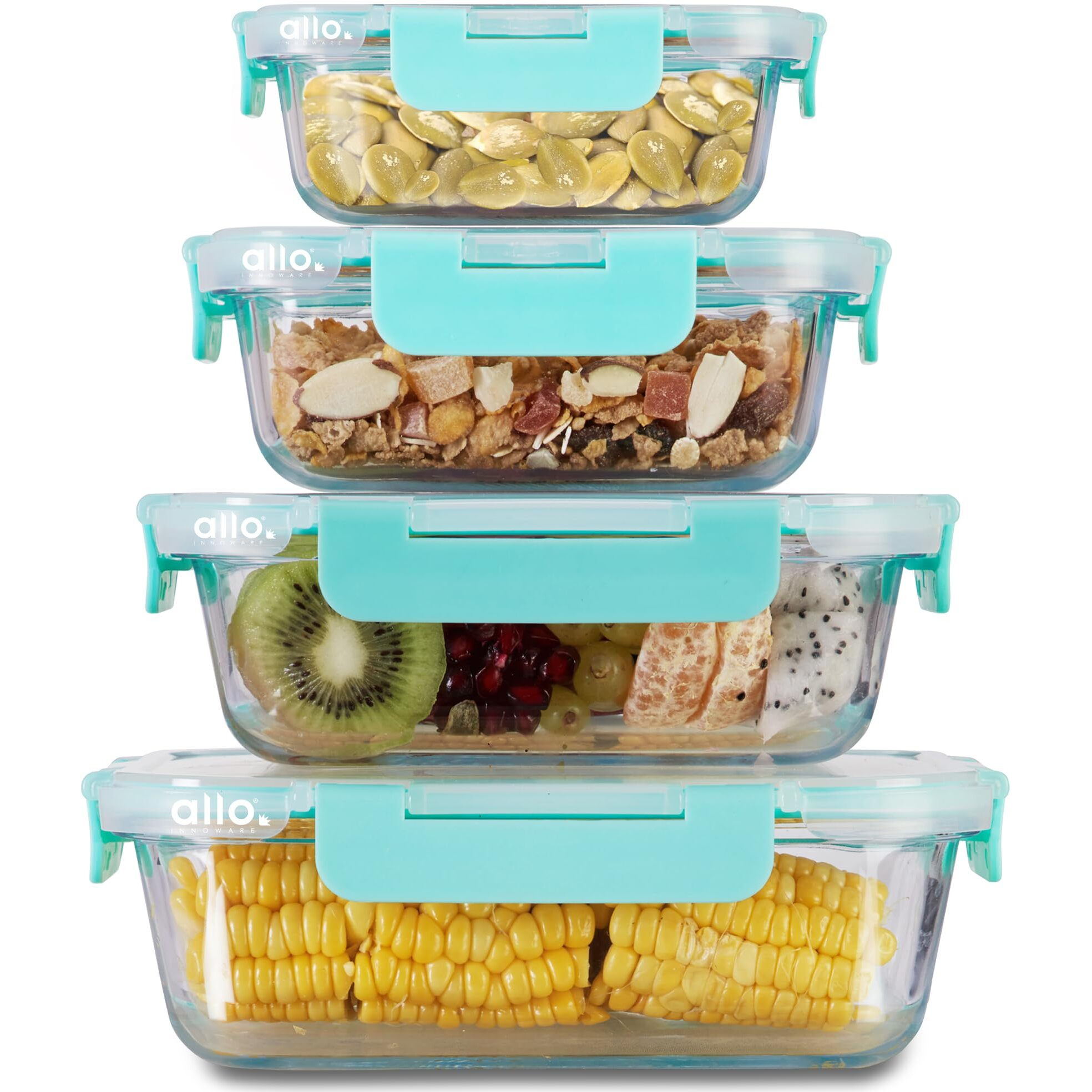 Allo Food Safe Glass Containers With Lids, Microwave Safe, Borosilicate Meal Prep Glass Food Storage Container For Kitchen, Set Of 4 185Ml, 370Ml, 640Ml, 1040Ml - Transparent