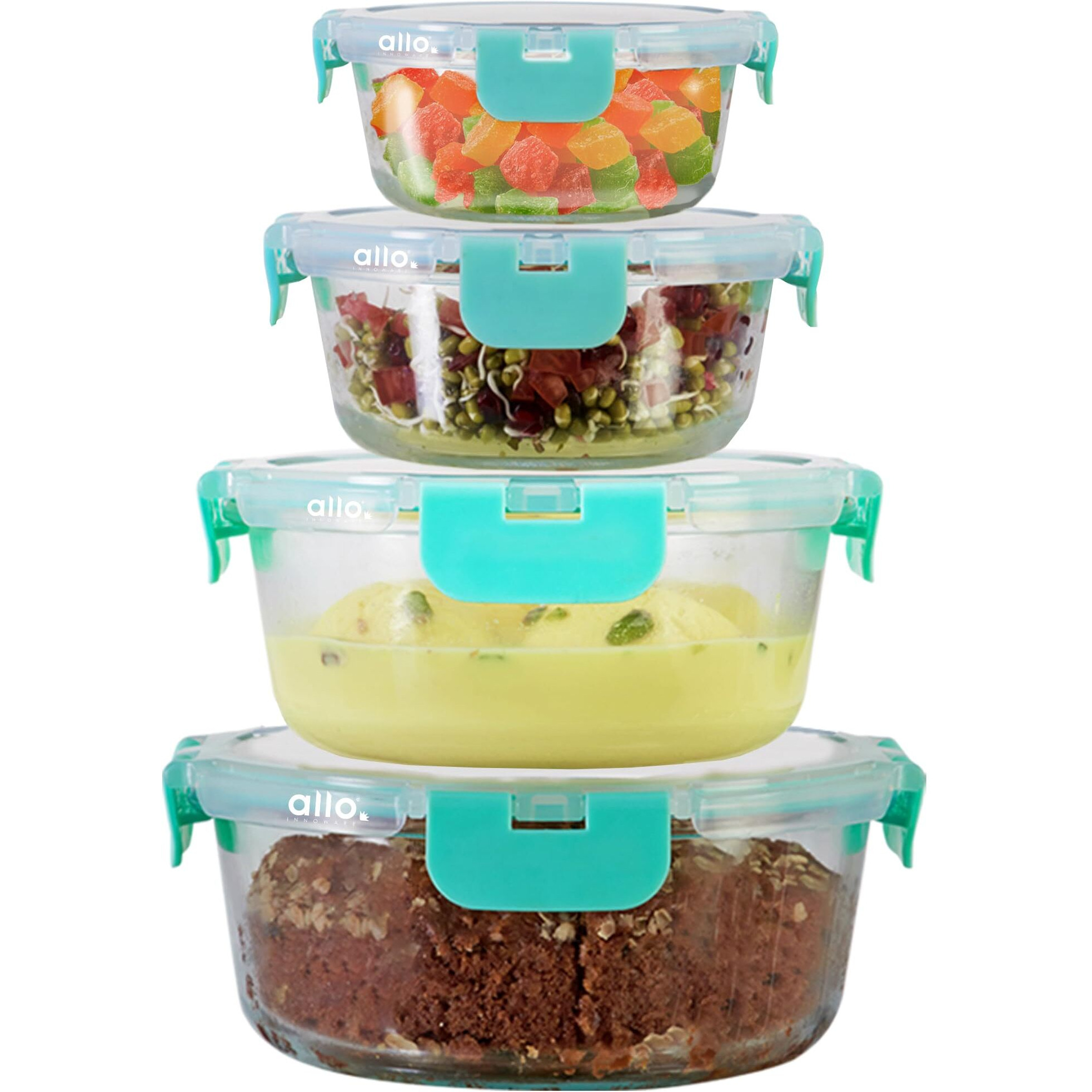 Allo Food Safe Glass Containers with Lids, Microwave Safe Containers, Borosilicate Meal Prep Glass Food Storage Containers for Kitchen, Set of 4 215ml, 390ml, 635ml, 930ml Round