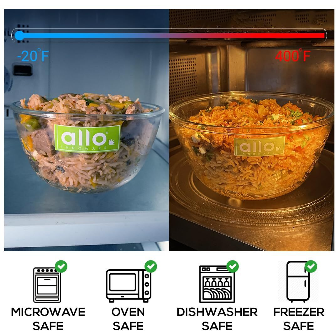 Allo Food Safe Borosilicate Glass Mixing & Serving Bowls for Kitchen, Oven & Microwave Safe Bowls, Dishwasher and Freezer Safe Bowl, 2100ML, Transparent