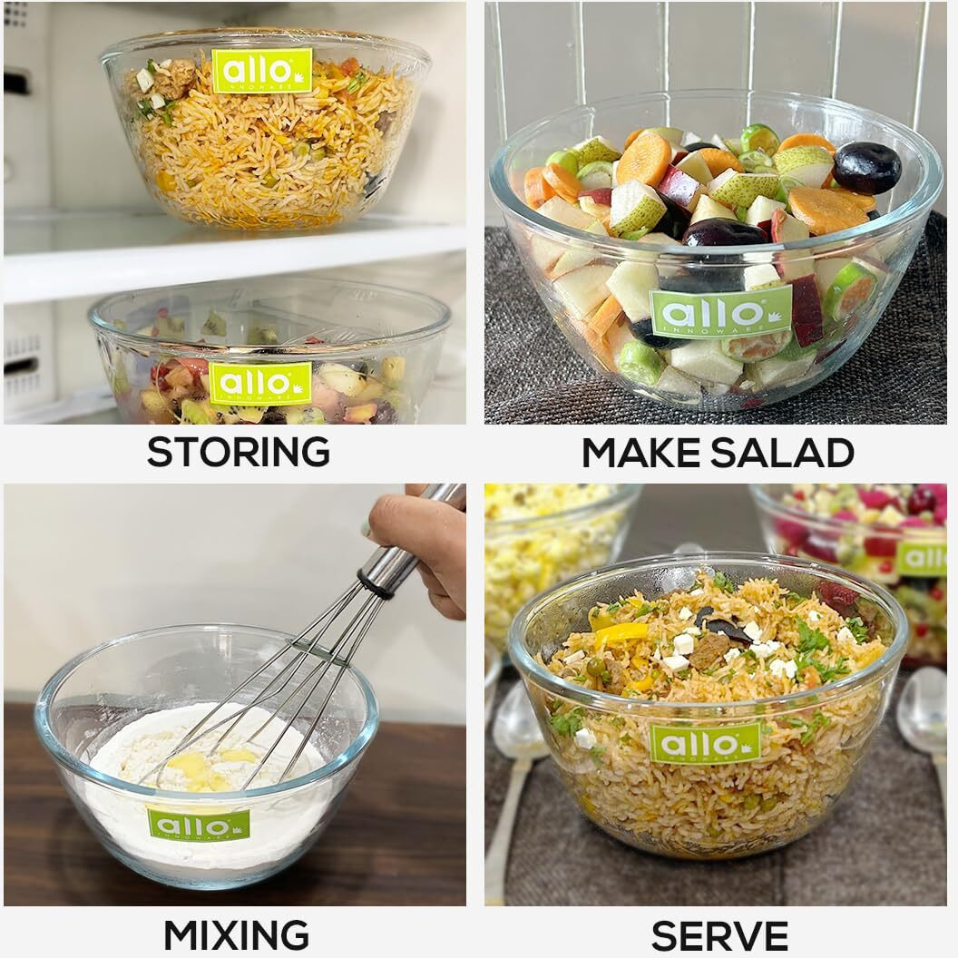 Allo Food Safe Borosilicate Glass Mixing & Serving Bowls for Kitchen, Oven & Microwave Safe Bowls, Dishwasher and Freezer Safe Bowl, 2100ML, Transparent