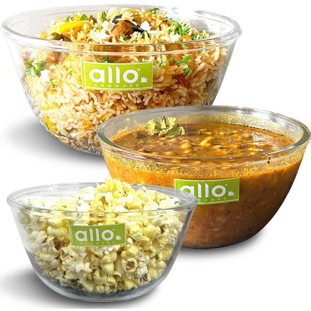 Allo Food Safe Borosilicate Glass Mixing & Serving Bowls for Kitchen, Oven & Microwave Safe Bowls, Dishwasher and Freezer Safe Bowls, Set of 3 1000ML, 1600ML, 2100ML, Transparent