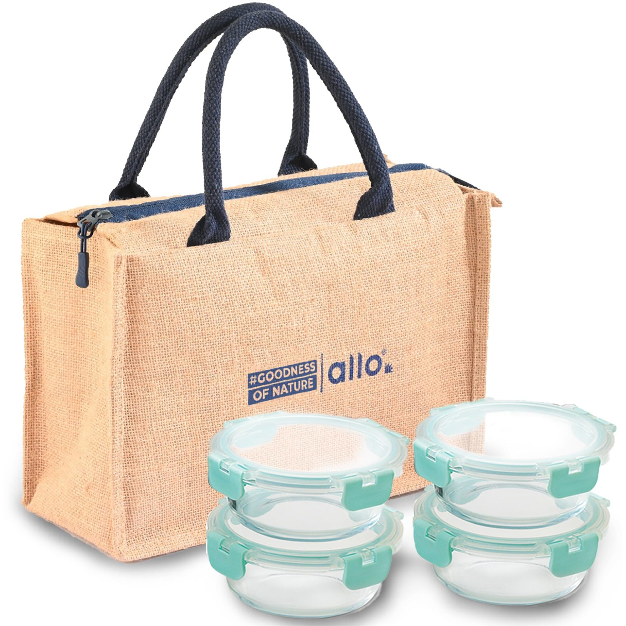 Allo Food Safe Glass Lunch Box With Breakfree Detachable Lock, Microwave Safe Lunch Box Borosilicate Glass Tiffin For Office With Jute Tiffin Bag, Set Of 4, 390Ml X 4, Beige