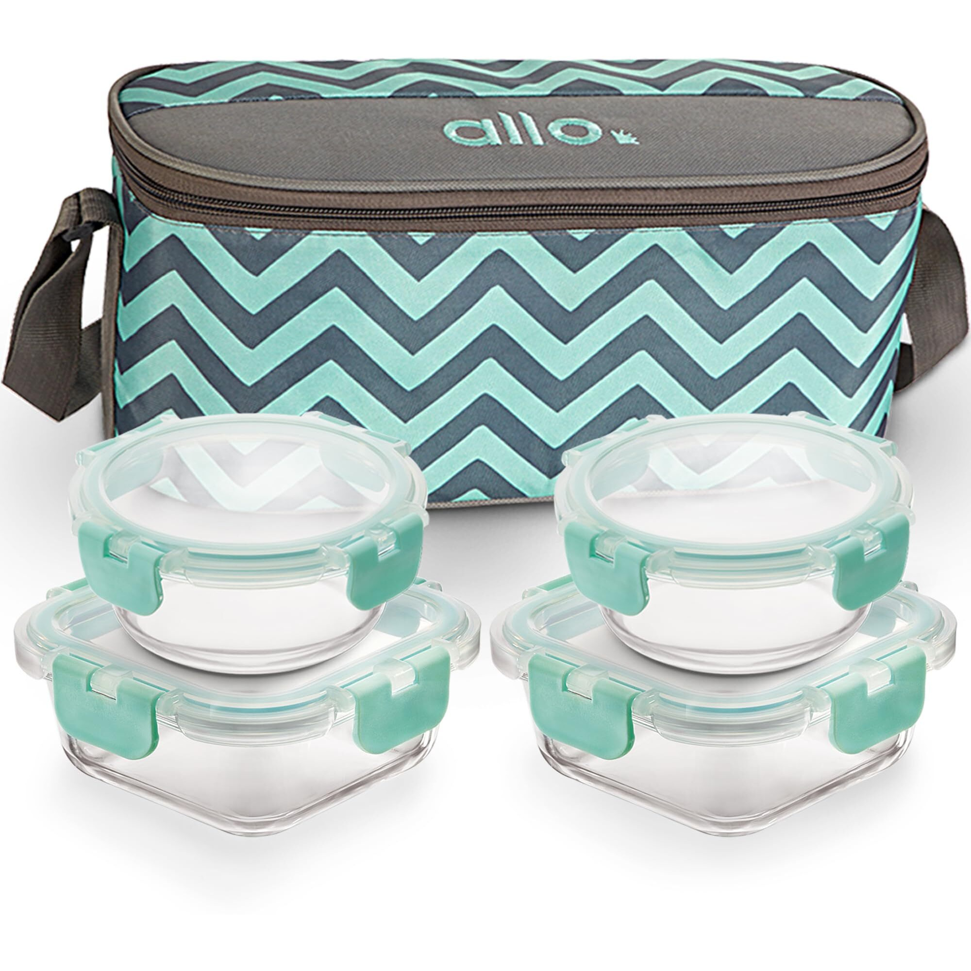Allo Food Safe Glass Lunch Box with Breakfree Detachable Lock, Microwave Safe Lunch Box Borosilicate Glass Tiffin for office with Chevron Mint Tiffin Bag, Set of 4, 215ml x 2, 310ml x 2