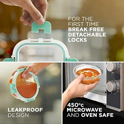 Allo Food Safe Glass Lunch Box with Breakfree Detachable Lock, Microwave Safe Lunch Box Borosilicate Glass Tiffin for office with Chevron Mint Tiffin Bag, Set of 4, 215ml x 2, 310ml x 2