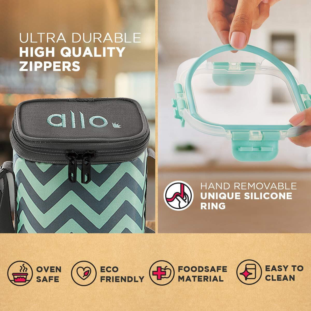 Allo Food Safe Glass Lunch Box with Breakfree Detachable Lock, Microwave Safe Lunch Box Borosilicate Glass Tiffin for office with Chevron Mint Tiffin Bag, Set of 4, 215ml x 2, 310ml x 2