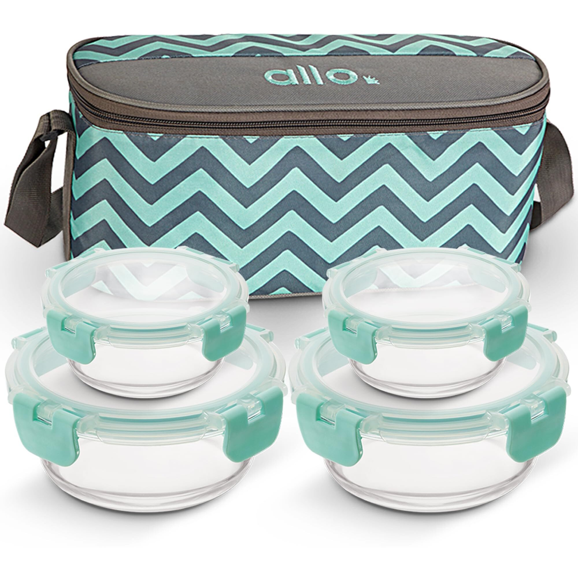 Allo Food Safe Glass Lunch Box with Breakfree Detachable Lock, Microwave Safe Lunch Box Borosilicate Glass Tiffin for Office with Chevron Mint Tiffin Bag, Set of 4, 215ml x 2, 390ml x 2