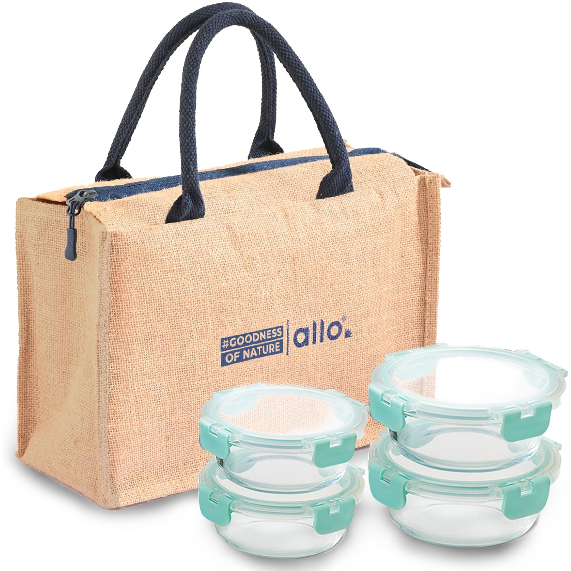 Allo Food Safe Glass Lunch Box With Breakfree Detachable Lock, Microwave Safe Lunch Box Borosilicate Glass Tiffin For Office With Jute Tiffin Bag, Set Of 4, 215Ml X 2 & 390Ml X 2, Beige