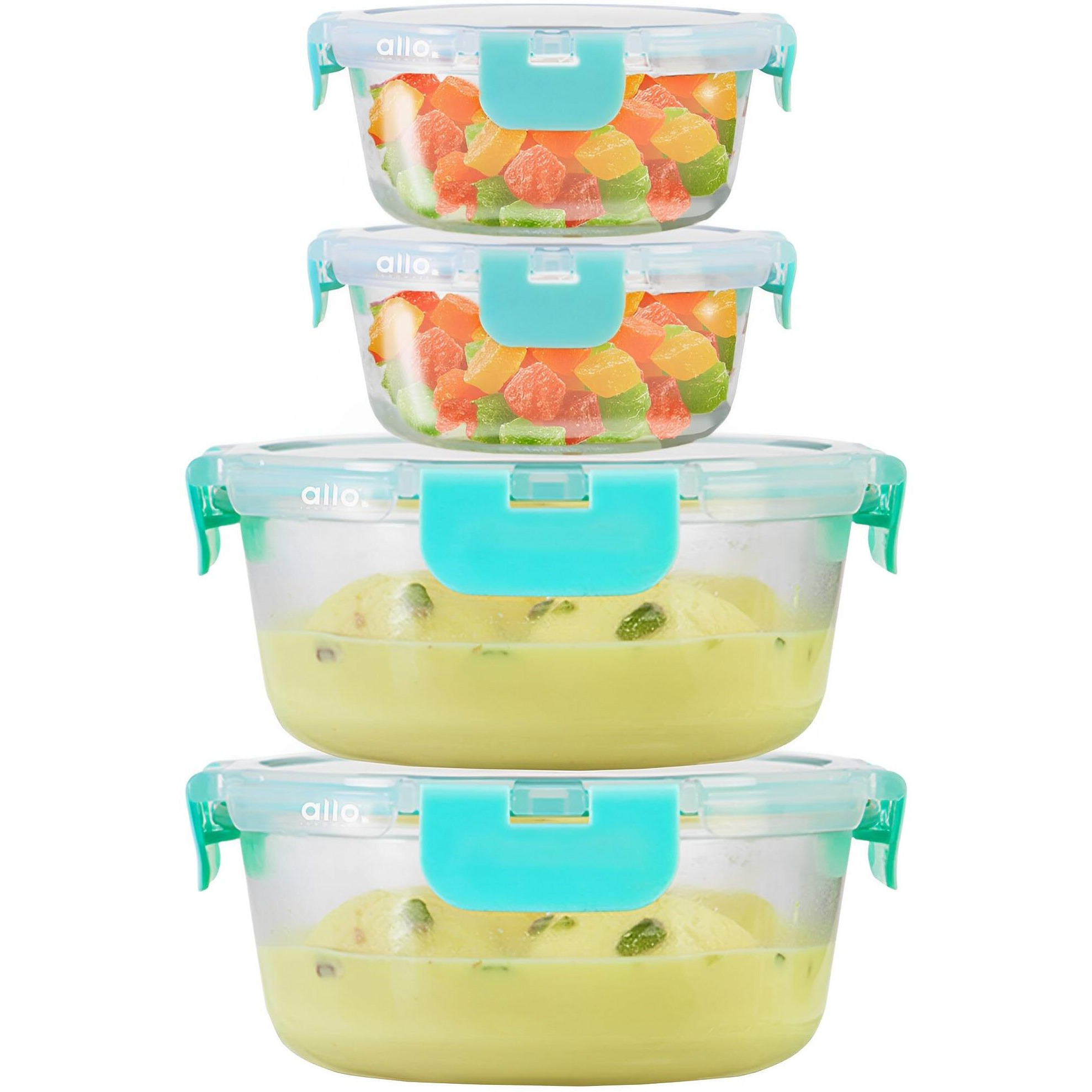 Allo Food Safe Glass Containers with Lids,Microwave Safe Containers, High Borosilicate Meal Prep Glass Food Storage Containers for Kitchen, Set of 4, 215ml x 2, 635ml x 2, Round.