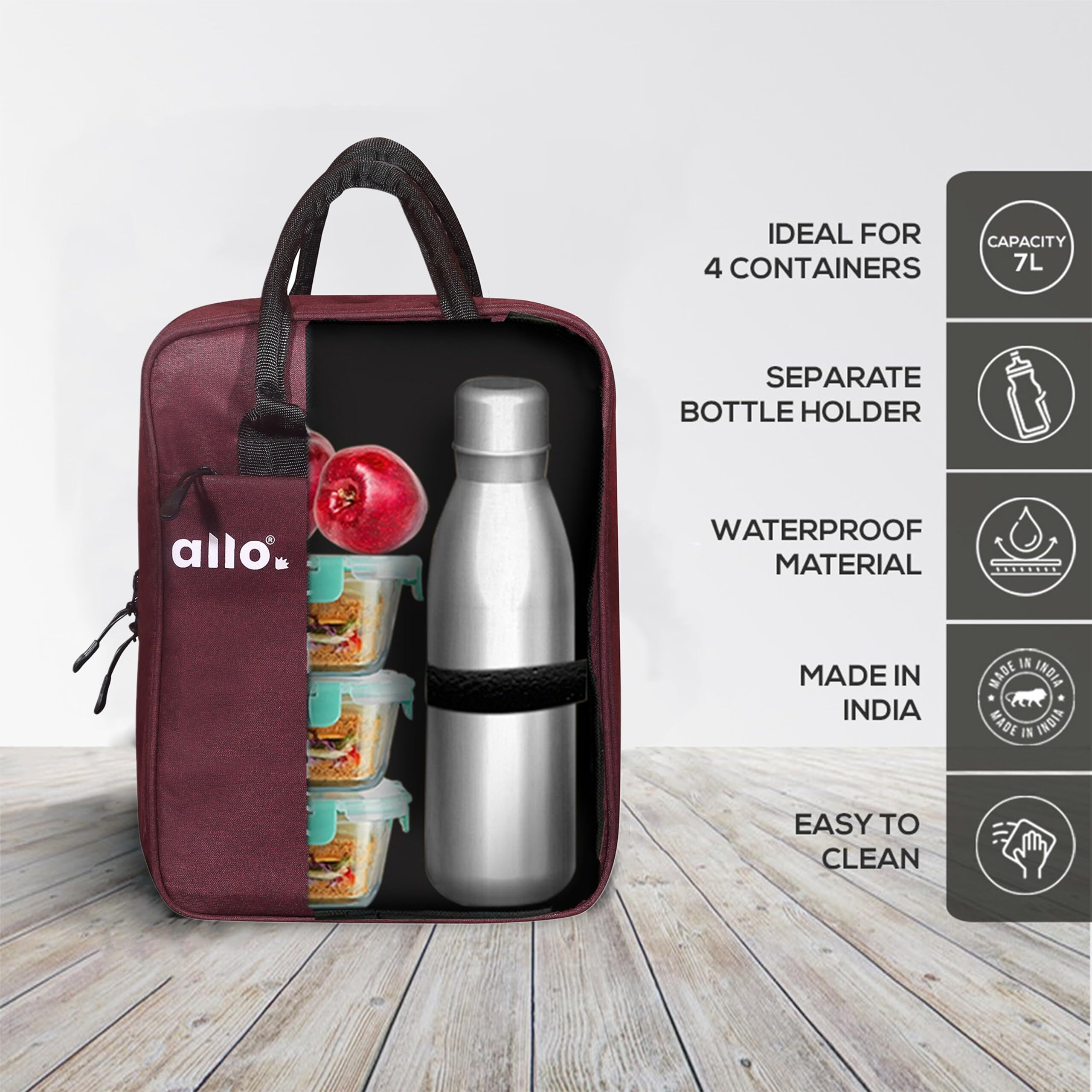 Allo Lunch Bag for Office, School & College, Washable Unisex Tiffin Bag for Men, Women & Kids, Lightweight, Leakproof, Water and Dust Resistant Multipurpose Lunch Bag, Wine Red (FFW)