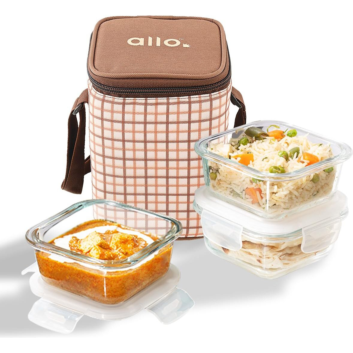 Allo Food Safe Borosilicate Glass Lunch Box, 450C Microwave Safe Lunch Box, Borosilicate Borosilicate Glass Tiffin for Office with Cocoa Brown Tiffin Bag, Set of 3, 320ml x 3, Square