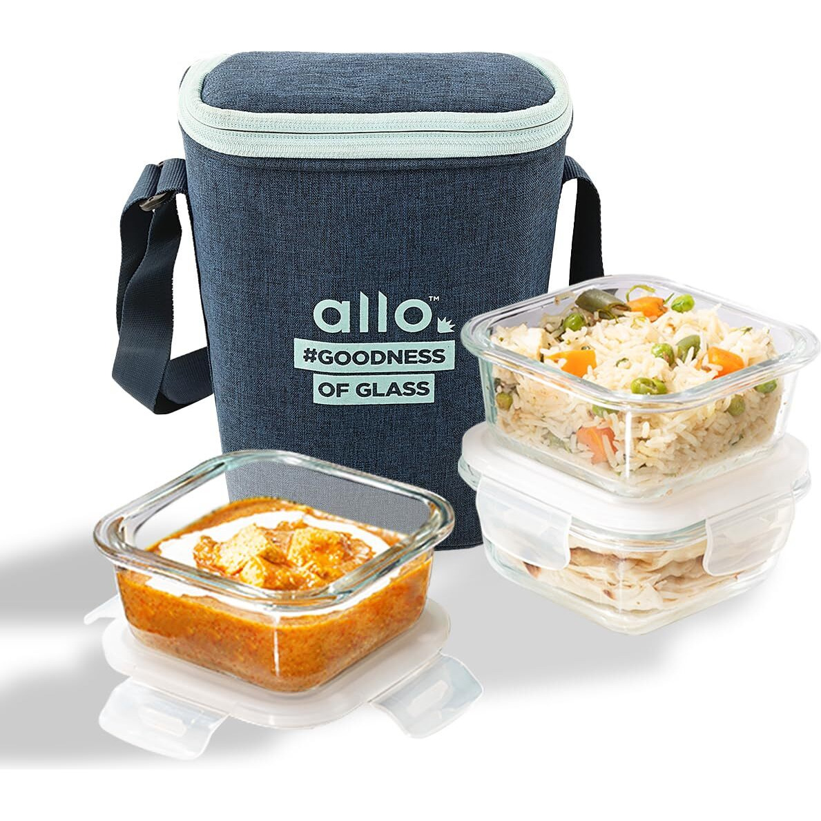 Allo Food Safe Borosilicate Glass Lunch Box, 450C Microwave Safe Lunch Box, Borosilicate Borosilicate Glass Tiffin for Office with Denim Blue Tiffin Bag, Set of 3, 320ml x 3, Square