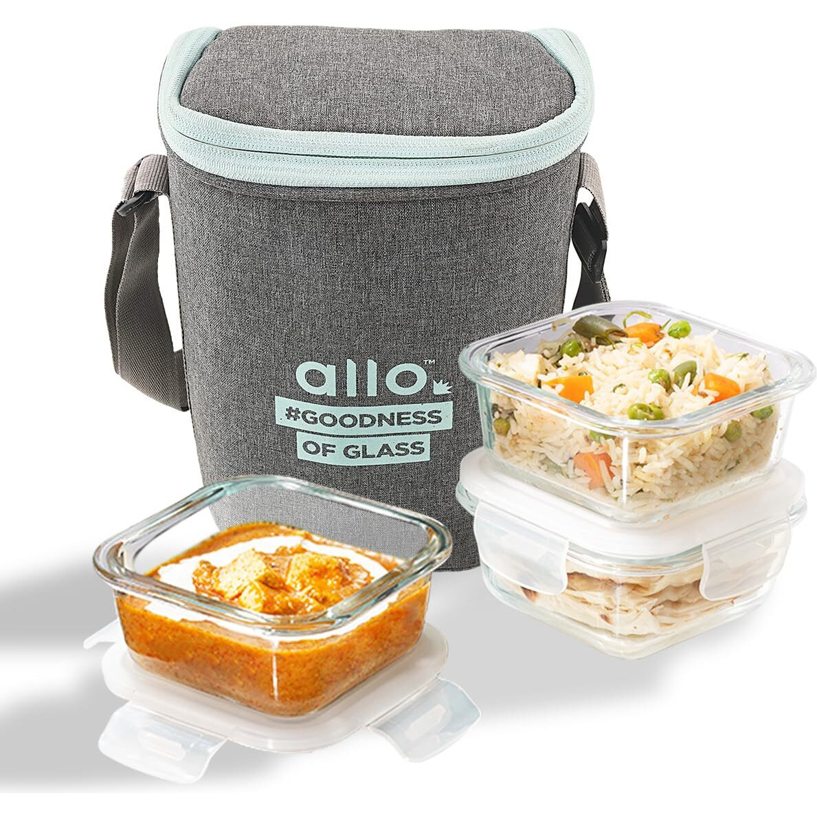 Allo Food Safe Borosilicate Glass Lunch Box, 450C Microwave Safe Lunch Box, Borosilicate Borosilicate Glass Tiffin for Office with Denim Grey Tiffin Bag, Set of 3, 320ml x 3, Square