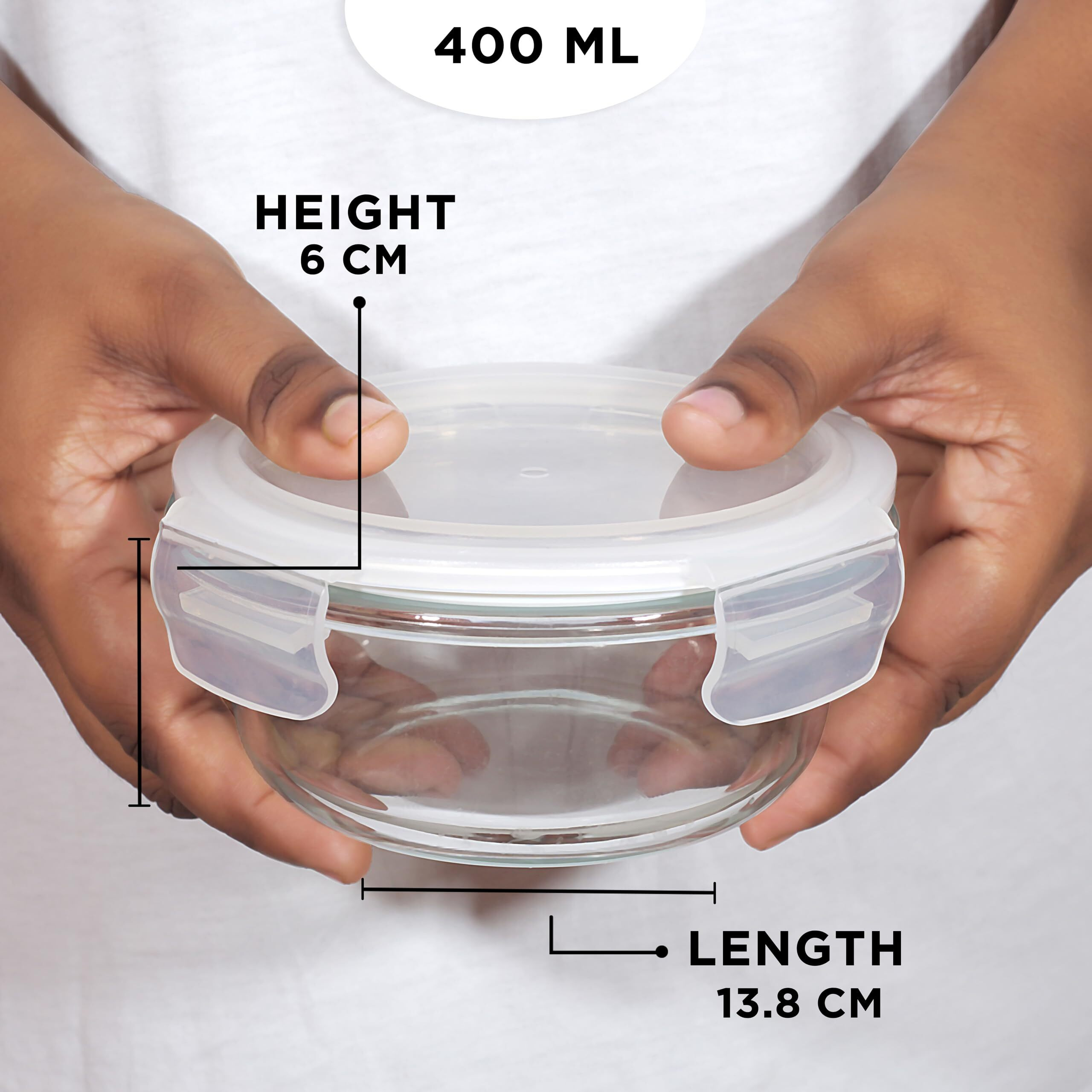 Allo Food Safe Borosilicate Glass Lunch Box, 450C Microwave Safe Lunch Box, Borosilicate Borosilicate Glass Tiffin for Office with Chevron Mint Tiffin Bag, Set of 2, 400ml x 2, Round