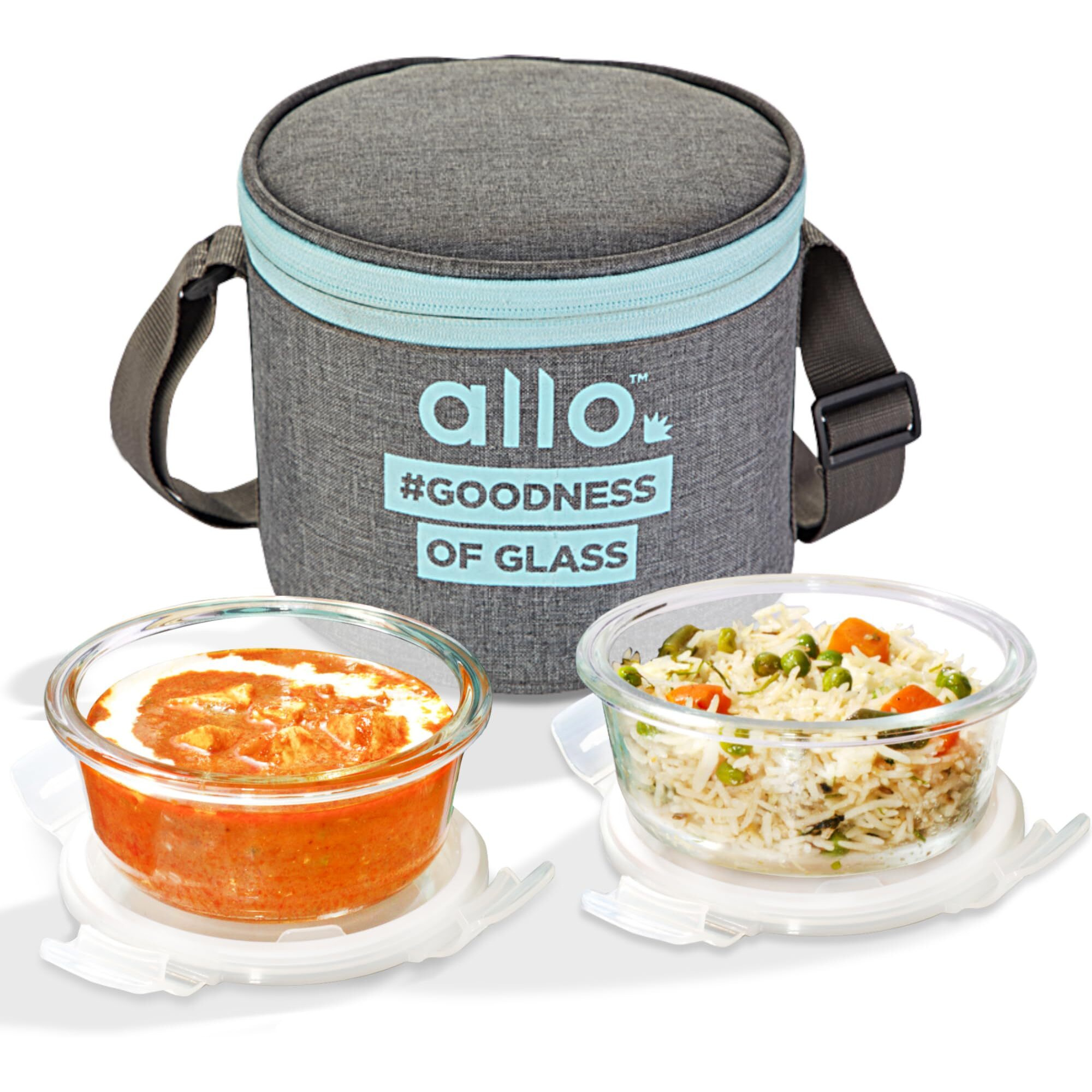 Allo Food Safe Borosilicate Glass Lunch Box, 450C Microwave Safe Lunch Box, Borosilicate Borosilicate Glass Tiffin for Office with Canvas Grey Tiffin Bag, Set of 2, 400ml x 2, Round