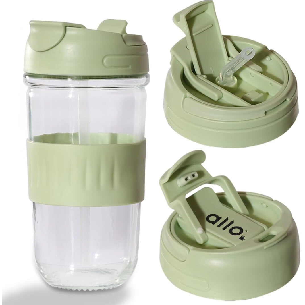 Allo Reusable Glass Mug Sipper Tumbler with Straw, Unique 2 in 1 ANTI Spill Lid | Microwave Safe Leakproof Glass with Anti-Slip Grip for Hot & Cold Coffee|| Car, Office, Travel use | 500ml (Green)