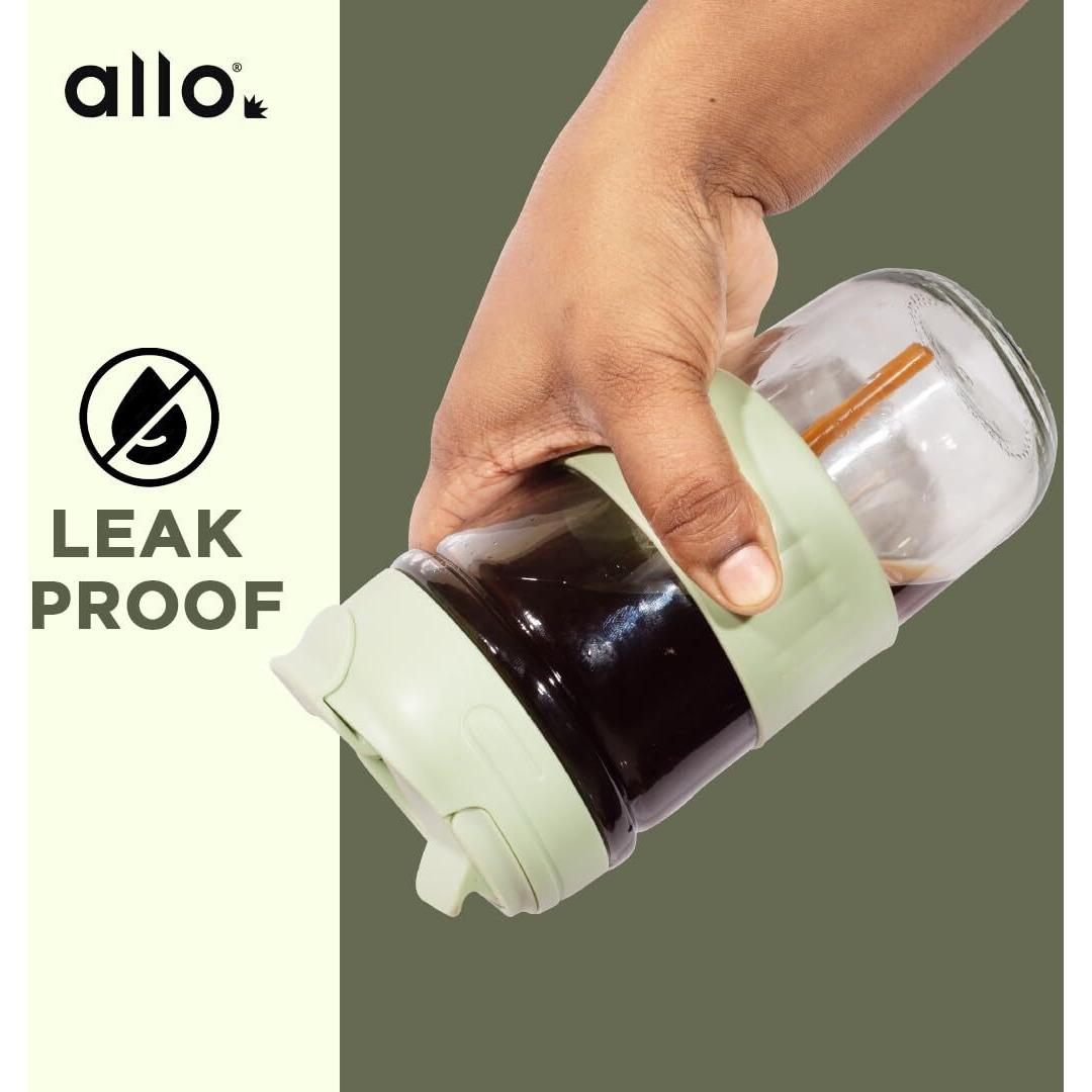 Allo Reusable Glass Mug Sipper Tumbler with Straw, Unique 2 in 1 ANTI Spill Lid | Microwave Safe Leakproof Glass with Anti-Slip Grip for Hot & Cold Coffee|| Car, Office, Travel use | 500ml (Green)