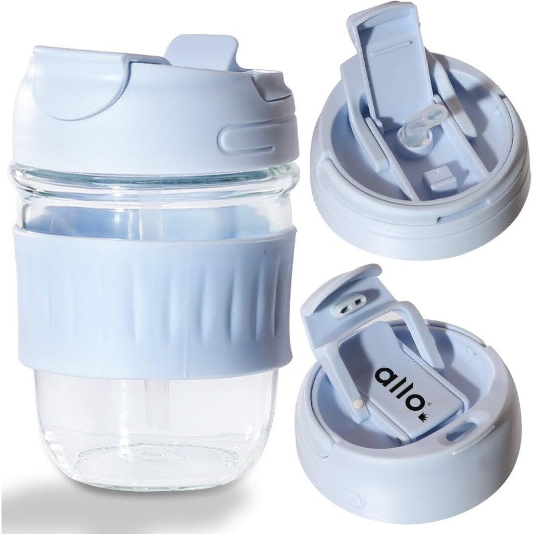 Allo Reusable Glass Mug Sipper Tumbler with Straw, Unique 2 in 1 ANTI Spill Lid | Microwave Safe Leakproof Glass with Anti-Slip Grip for Hot & Cold Coffee|| Car, Office, Travel use | 350ml (Blue)