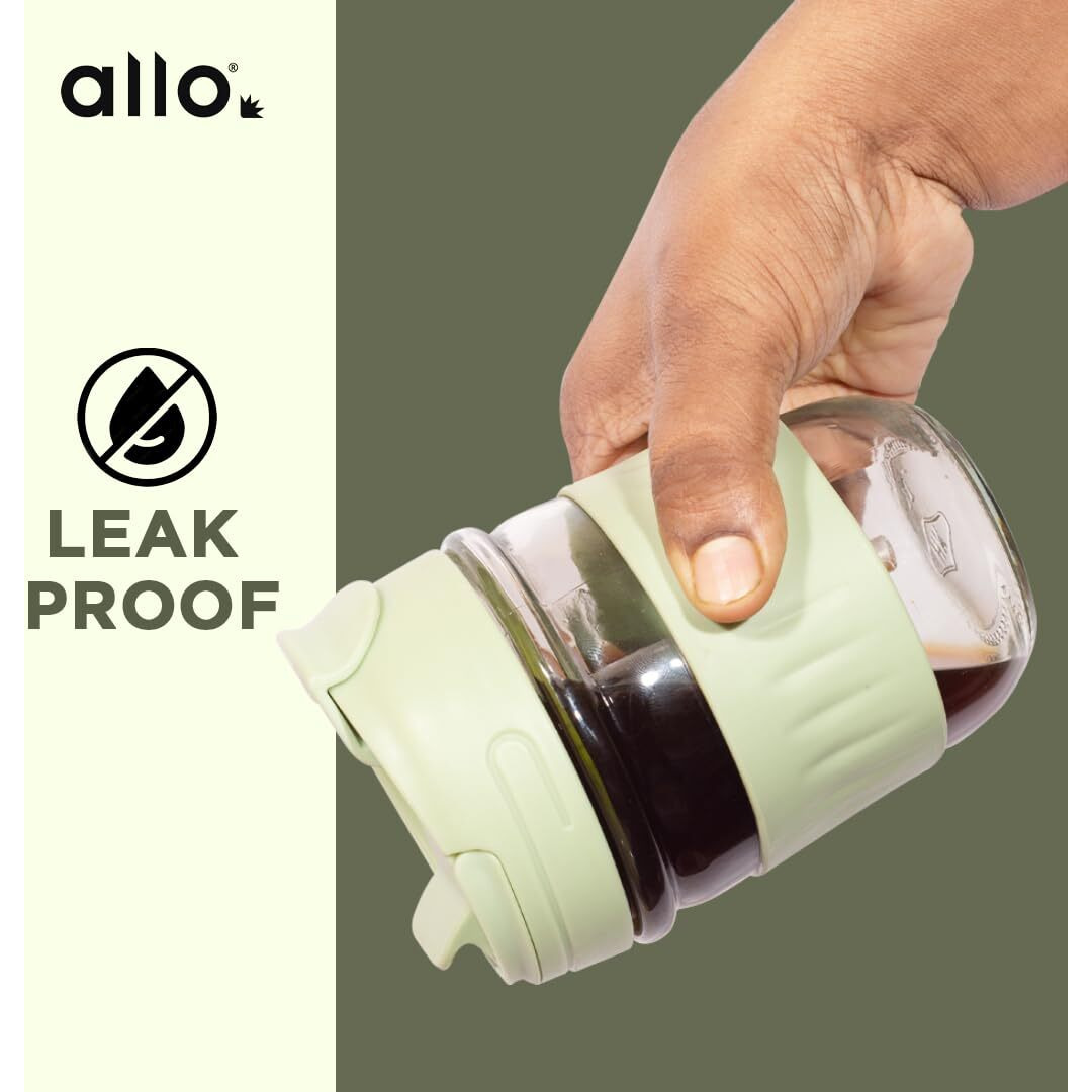 Allo Reusable Glass Mug Sipper Tumbler with Straw, Unique 2 in 1 ANTI Spill Lid | Microwave Safe Leakproof Glass with Anti-Slip Grip for Hot & Cold Coffee|| Car, Office, Travel use | 350ml (Green)