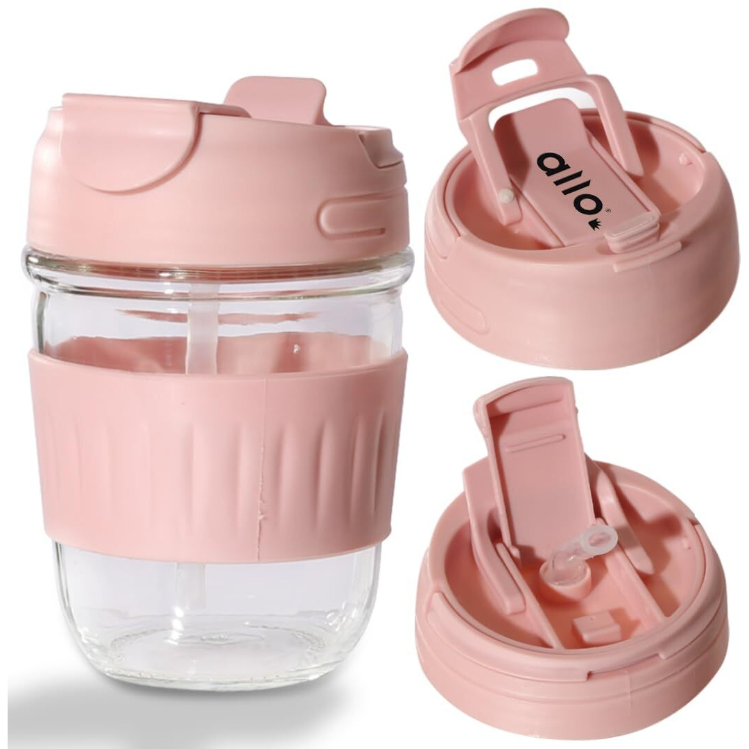 Allo Reusable Glass Mug Sipper Tumbler with Straw, Unique 2 in 1 ANTI Spill Lid | Microwave Safe Leakproof Glass with Anti-Slip Grip for Hot & Cold Coffee|| Car, Office, Travel use | 350ml (Pink)