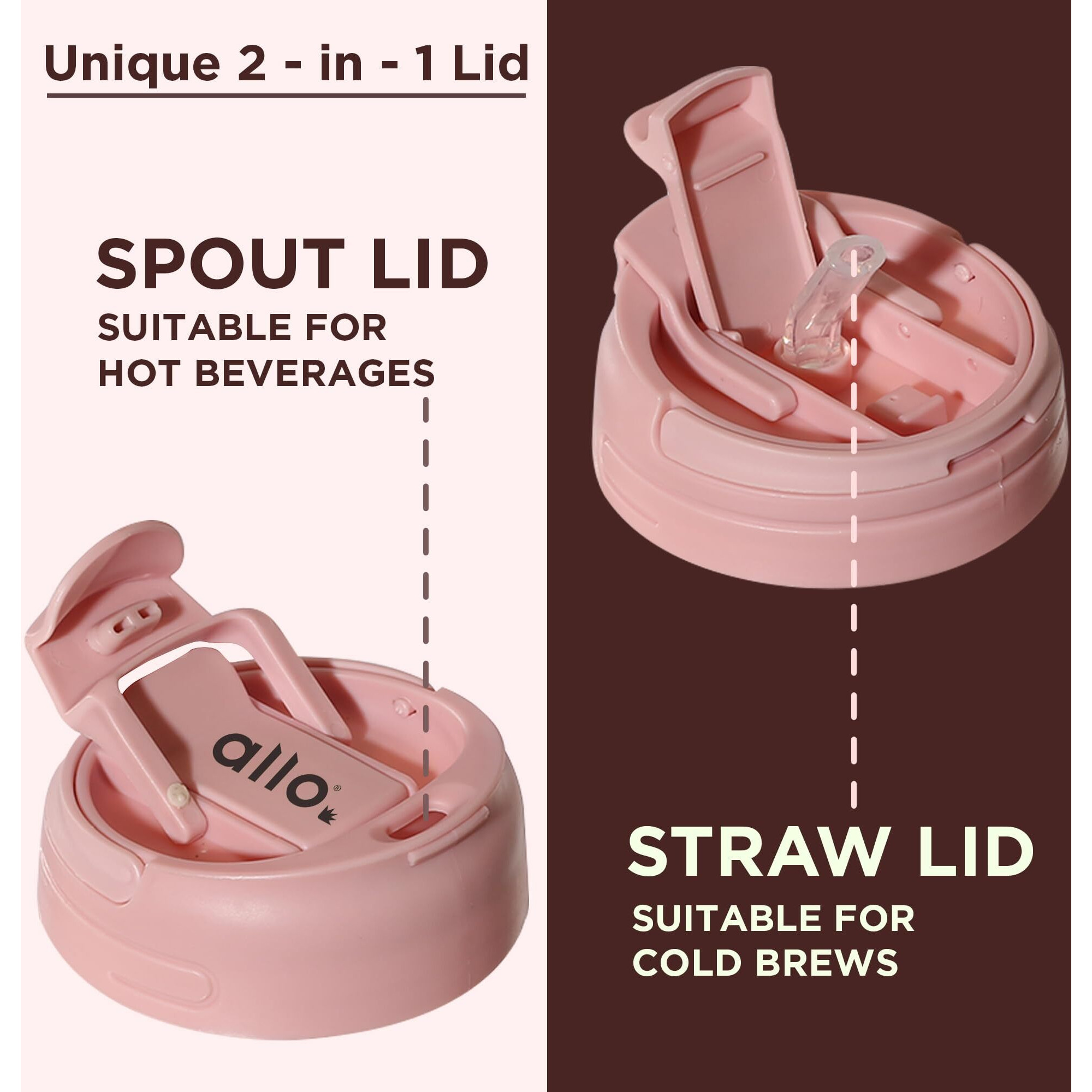 Allo Reusable Glass Mug Sipper Tumbler with Straw, Unique 2 in 1 ANTI Spill Lid | Microwave Safe Leakproof Glass with Anti-Slip Grip for Hot & Cold Coffee|| Car, Office, Travel use | 350ml (Pink)