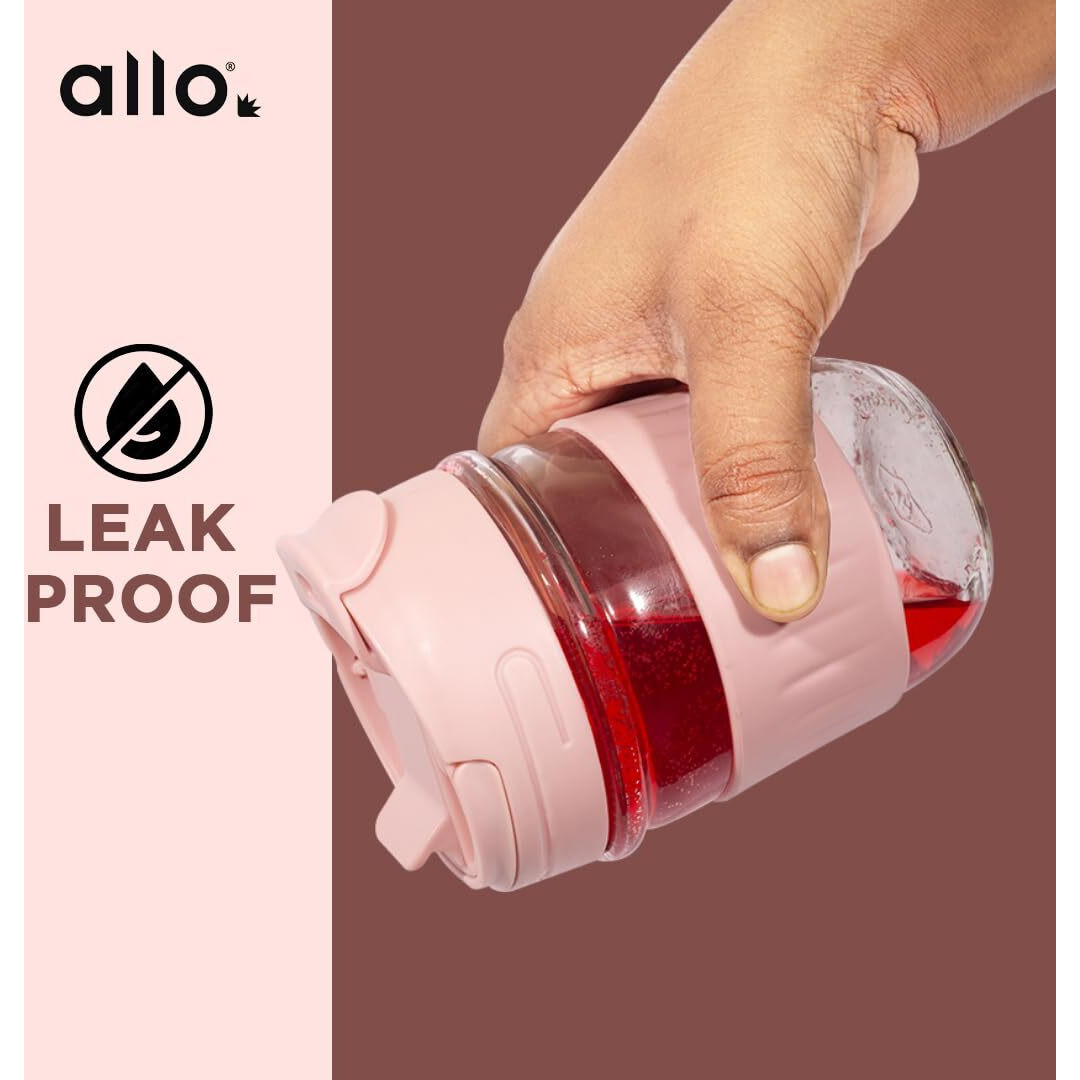 Allo Reusable Glass Mug Sipper Tumbler with Straw, Unique 2 in 1 ANTI Spill Lid | Microwave Safe Leakproof Glass with Anti-Slip Grip for Hot & Cold Coffee|| Car, Office, Travel use | 350ml (Pink)