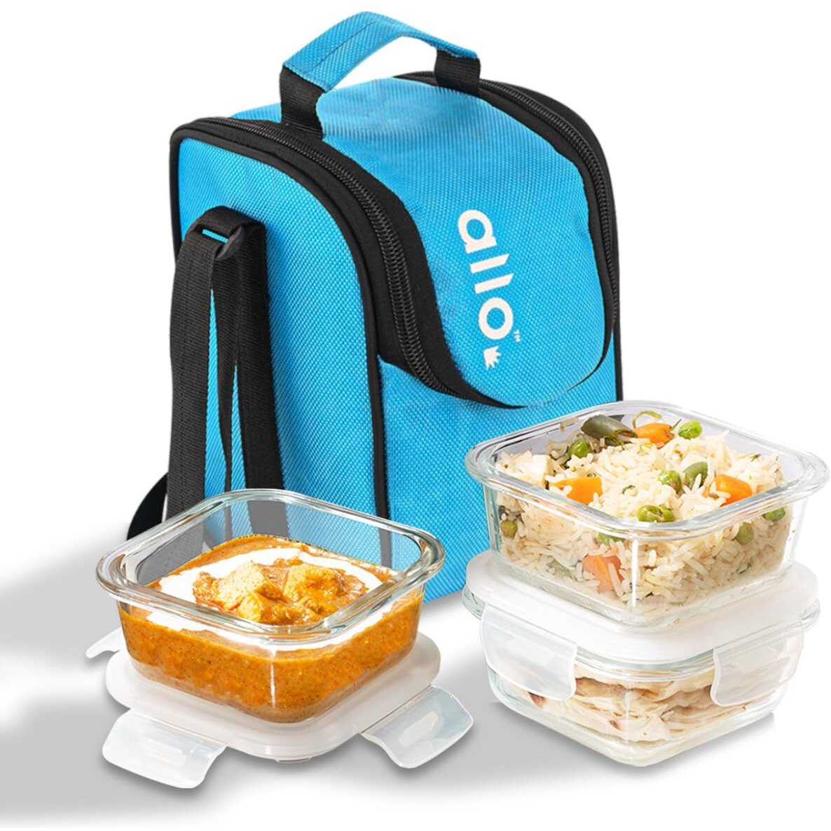 Allo Food Safe Borosilicate Glass Lunch Box, 450C Microwave Safe Lunch Box, Borosilicate Borosilicate Glass Tiffin for Office with Sky Blue Tiffin Bag, Set of 3, 320ml x 3, Square