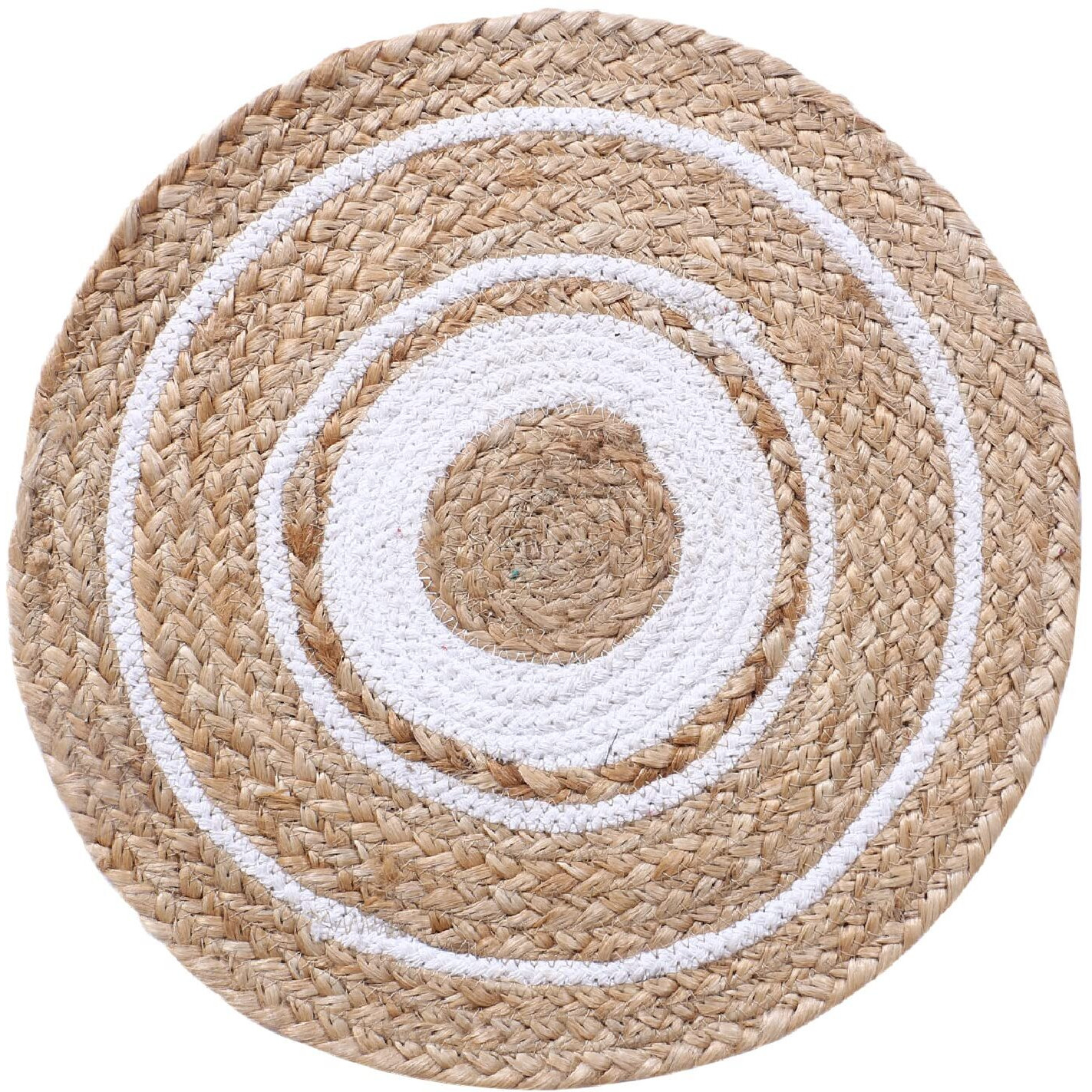 Kuber Industries Handmade Braided Carpet Rugs|Traditional Spiral Design Jute Placemat|Table Top Mat for Bedroom,Living Room,Dining Room,36x36 cm,(White)
