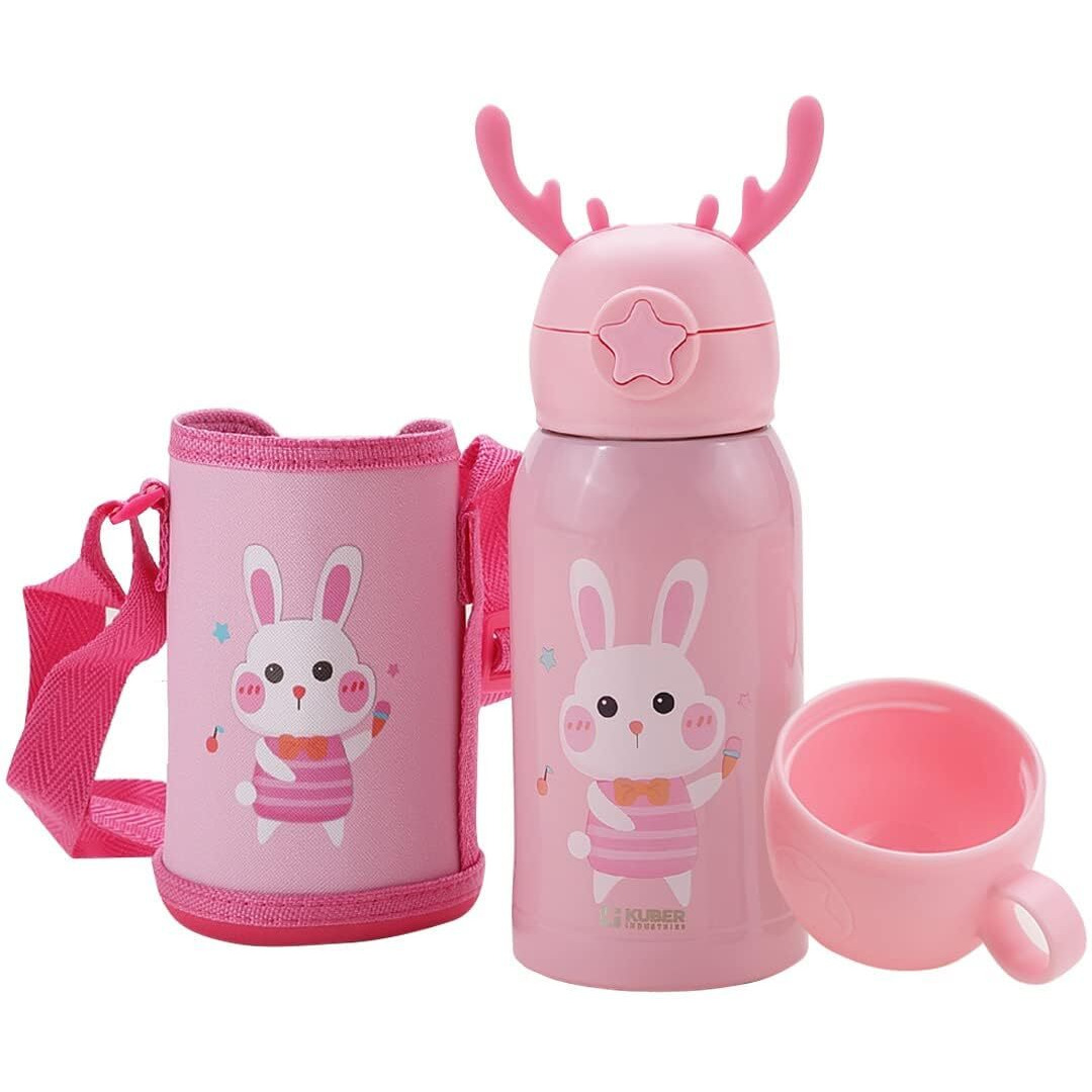 Kuber Industries Water Bottle for Kids, Bunny Design Stainless Steel Flask with Straw, Cup & Fabric Cover, Sipper, Food Grade Plastic Lid, Broad Fabric Strap, Leak Proof, BPA Free, 500 ml, Pack of 1
