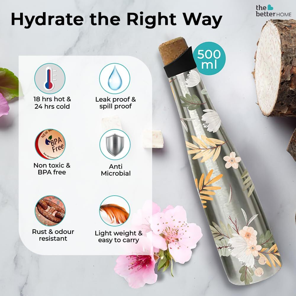 The Better Home Insulated Thermosteel Bottle with Cork Cap 500ml | 18h of Insulation | Hot and Cold Water Bottle for Kids School Office Gym | Anti Rust | Leak Proof | BPA Free | Soft Blossom Print