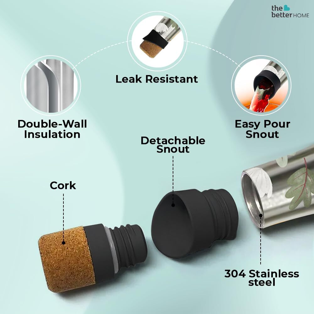 The Better Home Insulated Thermosteel Bottle with Cork Cap 500ml | 18h of Insulation | Hot and Cold Water Bottle for Kids School Office Gym | Anti Rust | Leak Proof | BPA Free | Soft Blossom Print