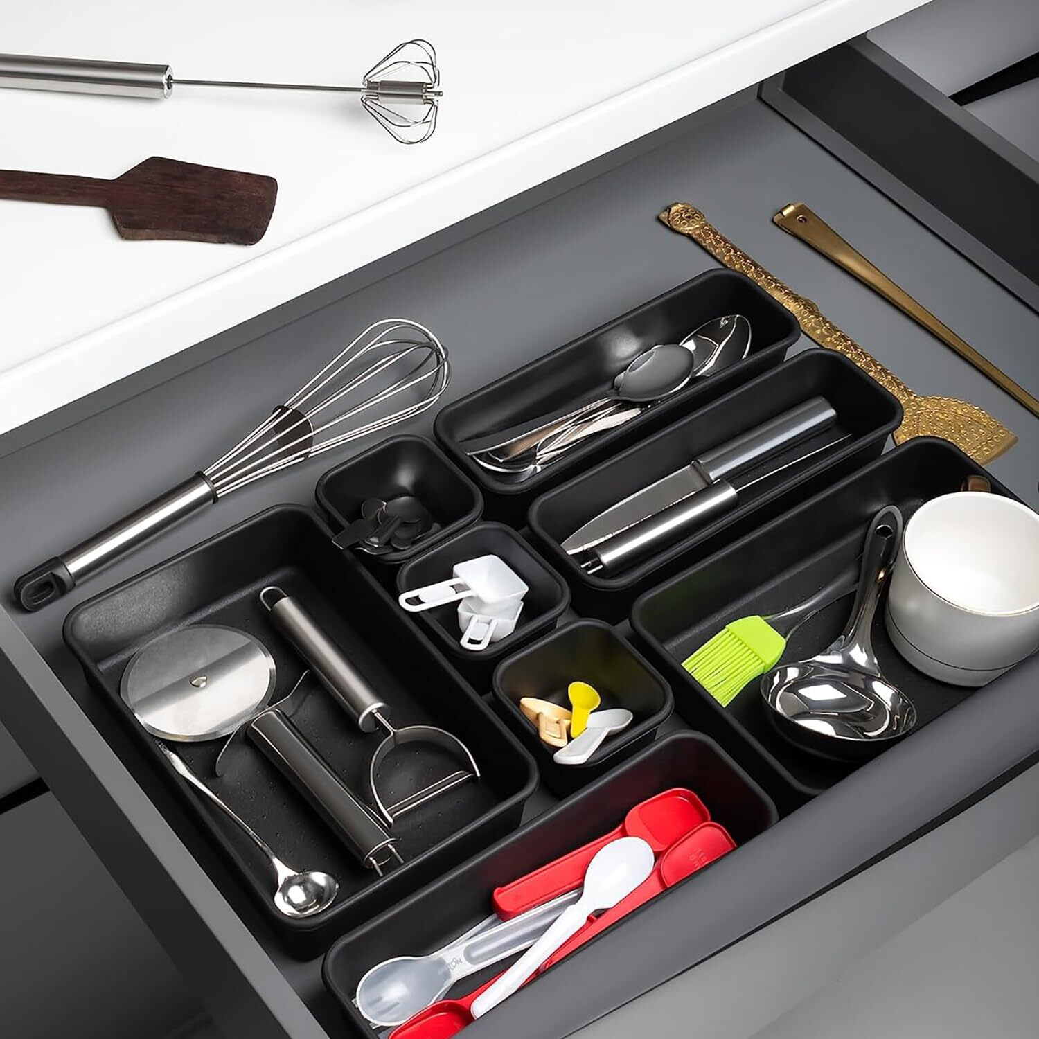 Kuber Industries Storage Organizer Set | Kitchen Organizer | Makeup Organizer Tray Set | Desk Drawer Divider Tray | Multi-Purpose Stationery Organizer with Interlock | 8 Piece Set | Black