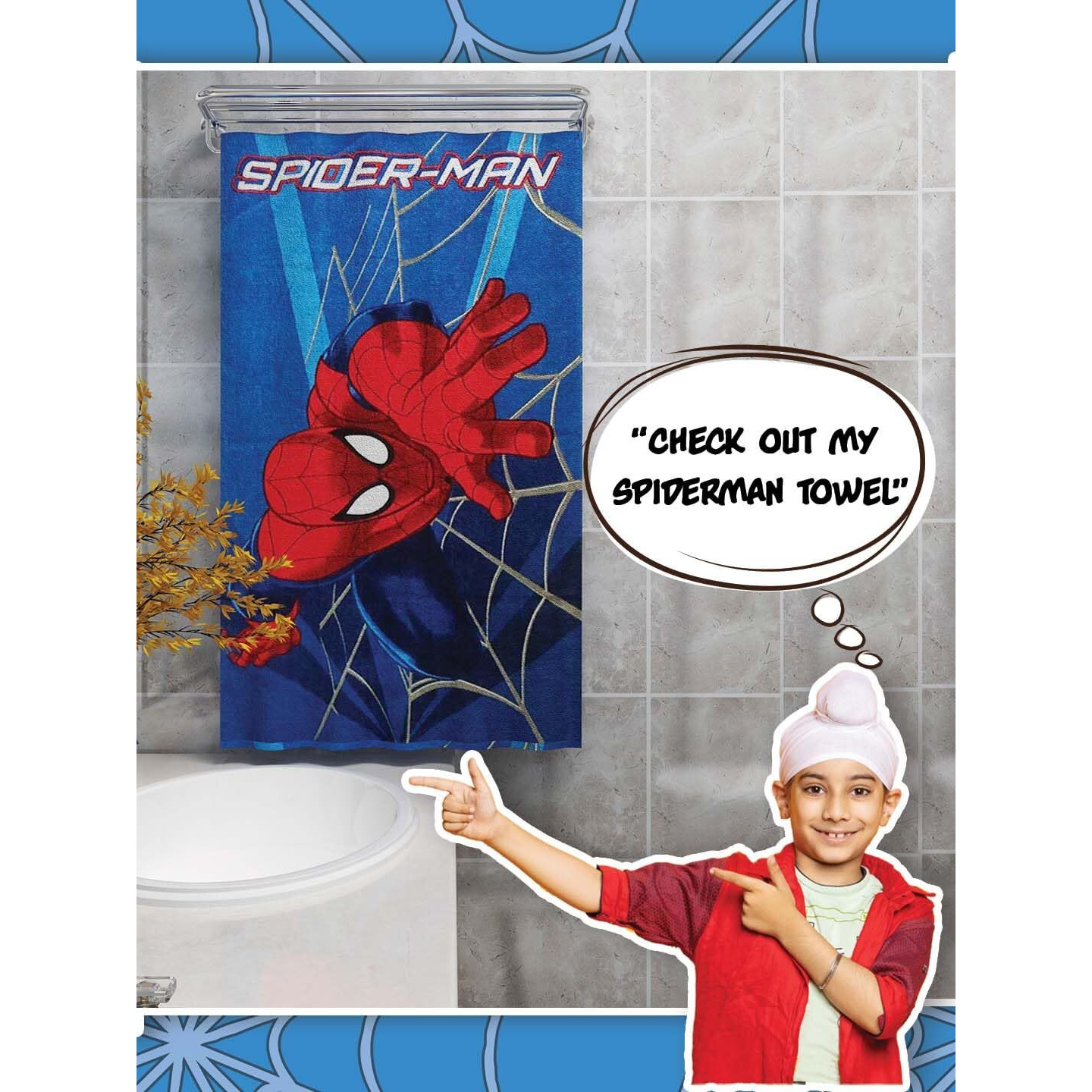Athom Living Marvel Spider Man 350 GSM Cotton Bath Towel - Blue