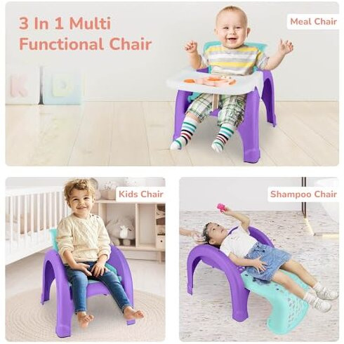 R for Rabbit Jelly Bean Chair 3 in 1 Multi-Functional Baby Study | Shampoo | Meal | Regular Kids Seating Chair with High Backrest for 1-8 Years Kid, Weight Capacity Upto 40Kgs (Green Purple)