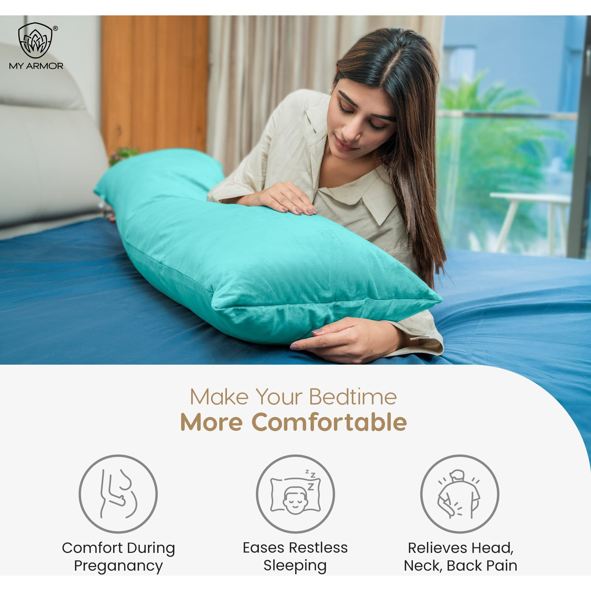 MY ARMOR Microfibre Full Body Long Sleeping Pillow for Pregnancy, 53x16 Inches, Side Sleeping, Hugging, Cuddling, Relaxing, Washable, Premium Velvet Outer Cover with Zip (Aqua Green)