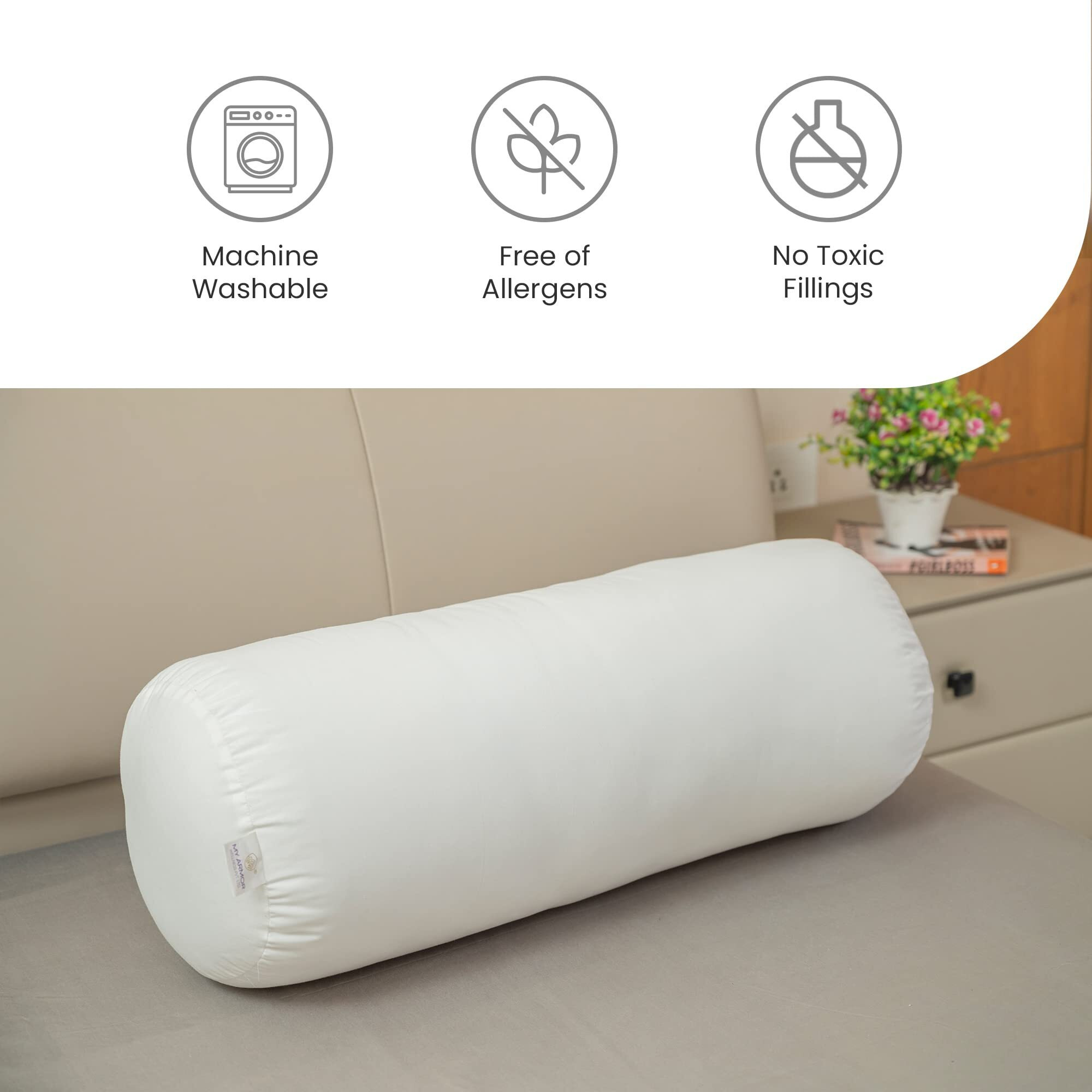 MY ARMOR Microfibre Round Bolster Bed/Sofa/Diwan Pillow | Light, Soft & Fluffy for Neck & Back Support | Washable Breathable, Durable | Inner Cover Only | WHITE, Pack of 2 [10 x 25]