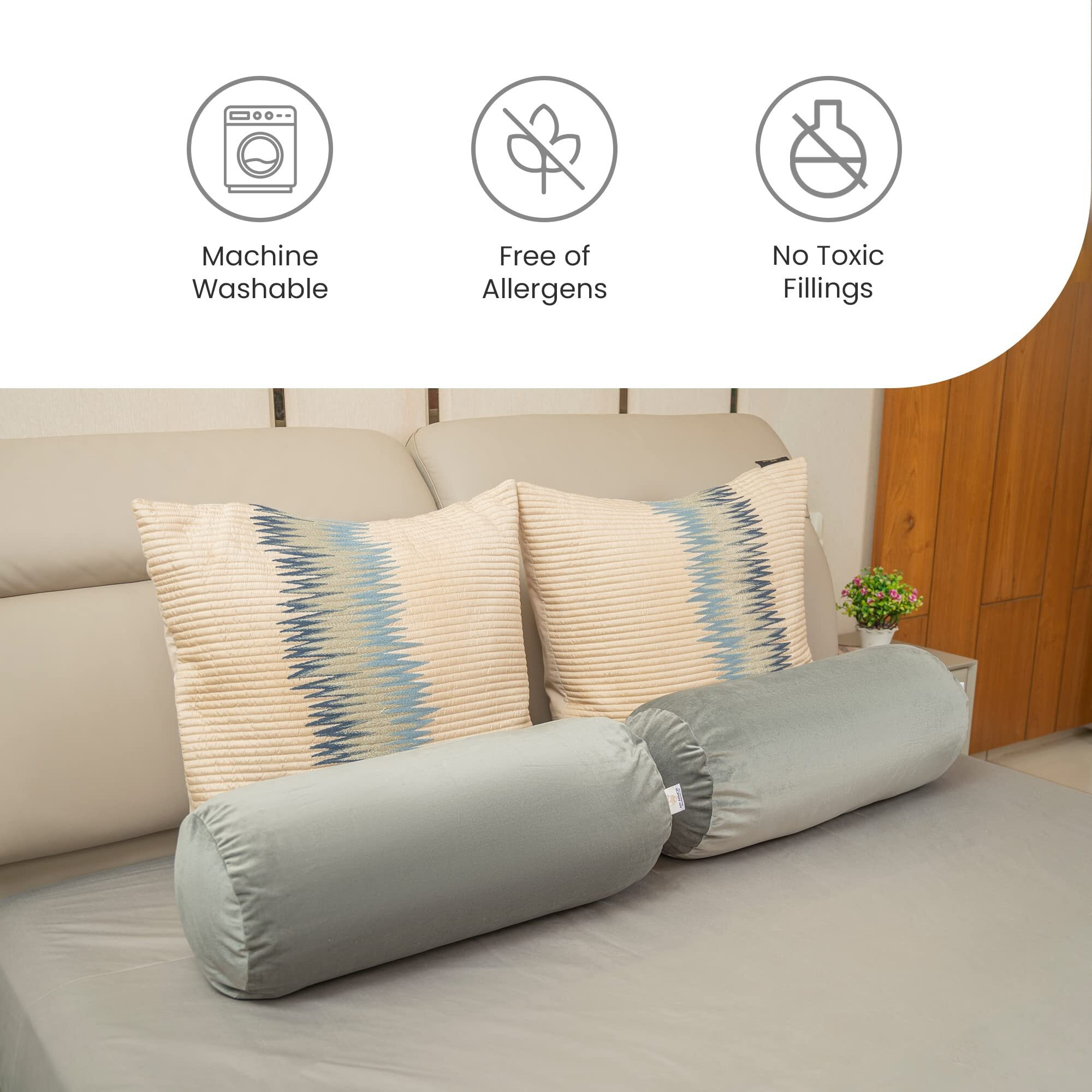 MY ARMOR Microfibre Round Bolster Bed/Sofa/Diwan Pillow | Light, Soft & Fluffy for Neck & Back Support | Washable, Durable | Premium Velvet Outer Cover with Zip | GREY, Pack of 2 [10 x 25]