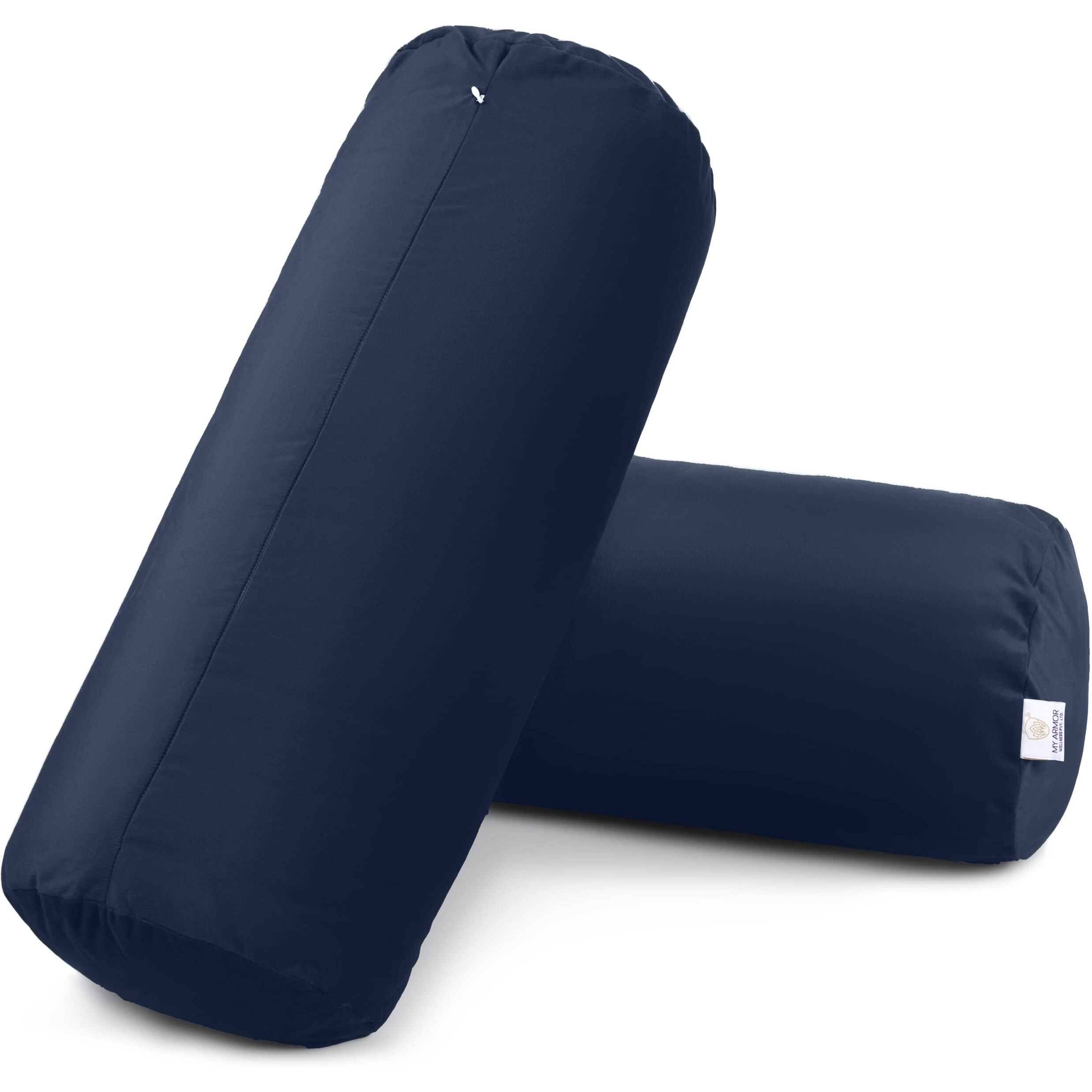 MY ARMOR Microfibre Round Bolster Bed/Sofa/Diwan Pillow | Light, Soft & Fluffy for Neck & Back Support | Washable | Premium Velvet Outer Cover with Zip | Navy Blue, Pack of 2 [10 x 25]