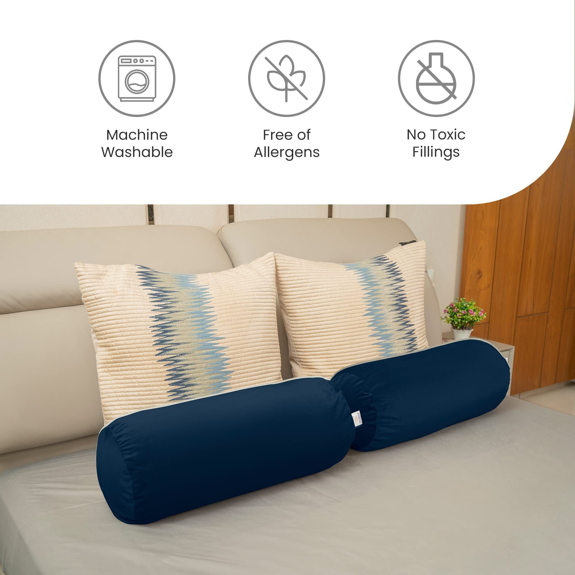 MY ARMOR Microfibre Round Bolster Bed/Sofa/Diwan Pillow | Light, Soft & Fluffy for Neck & Back Support | Washable | Premium Velvet Outer Cover with Zip | Navy Blue, Pack of 2 [10 x 25]